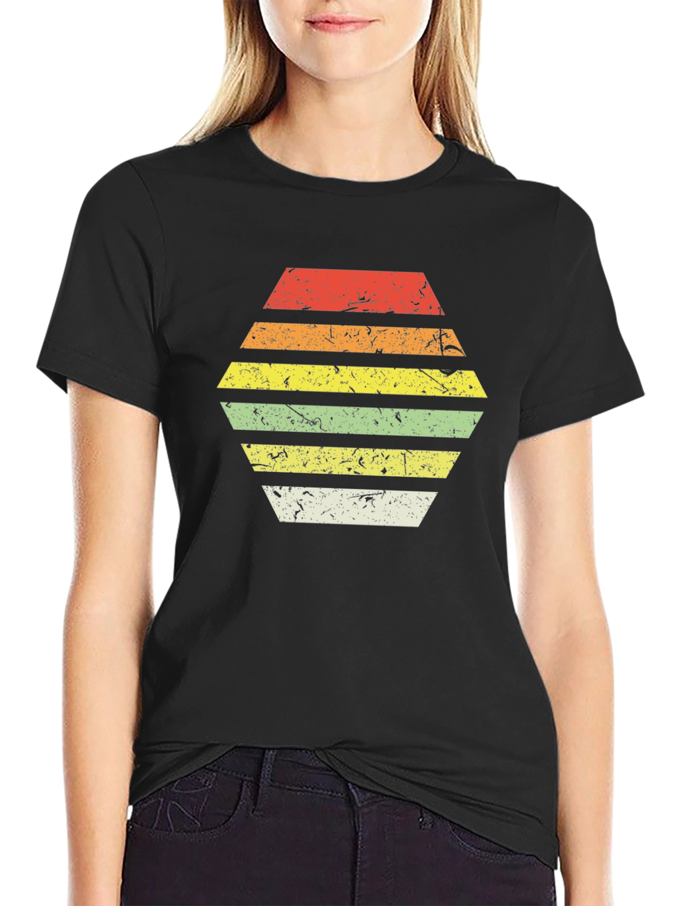 Retro Striped Hexagon Graphic Tee - Black