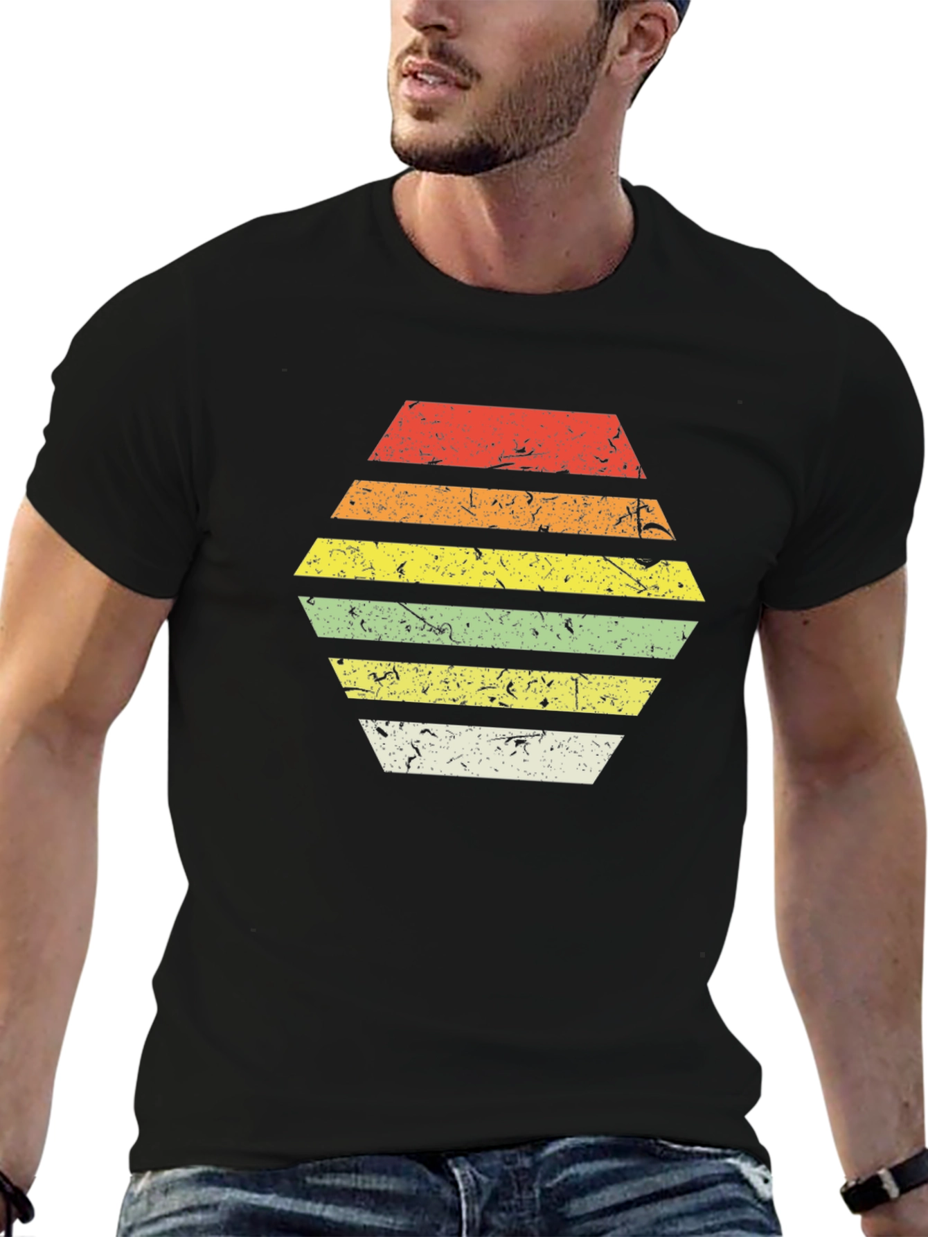 Retro Striped Hexagon Graphic Tee - Black