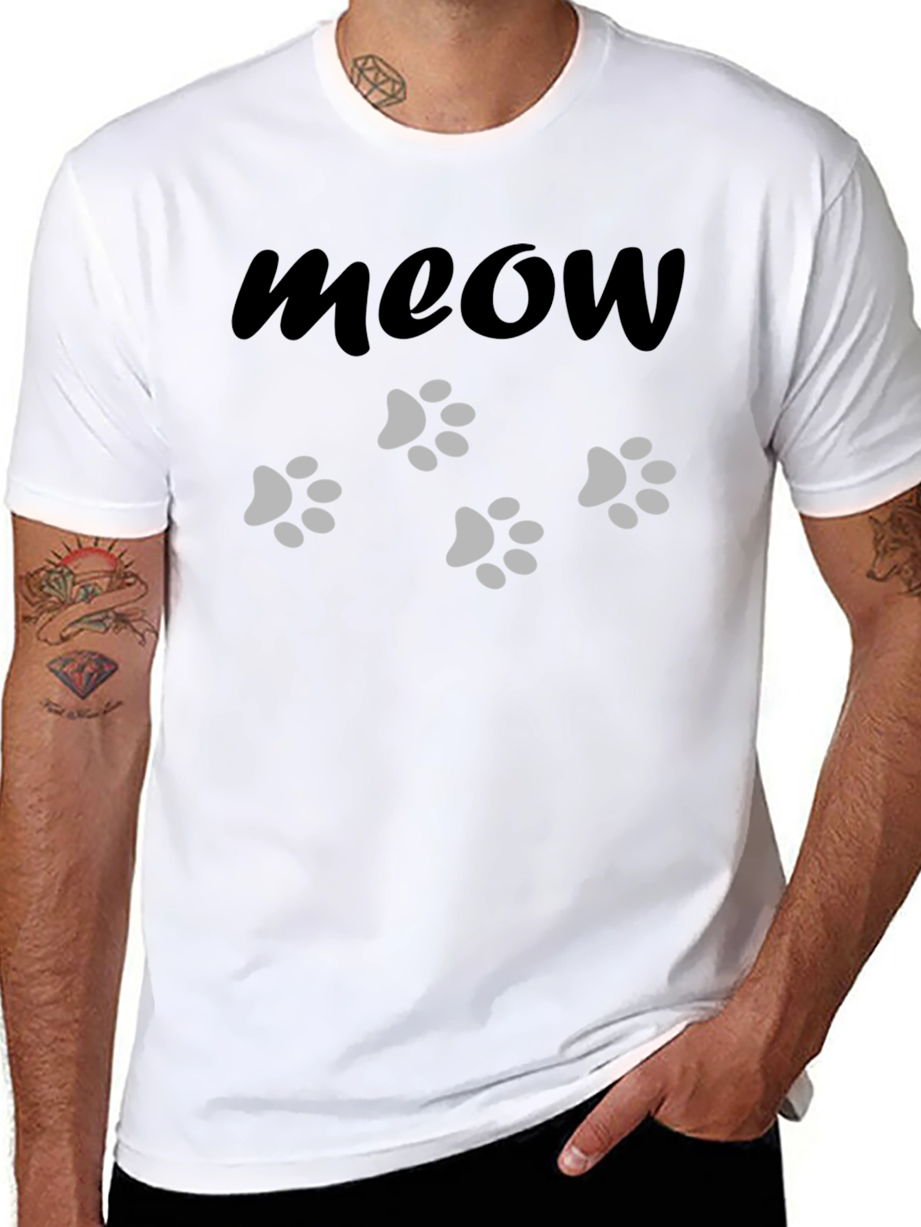 Meow Cat Paw Print Black T-Shirt
