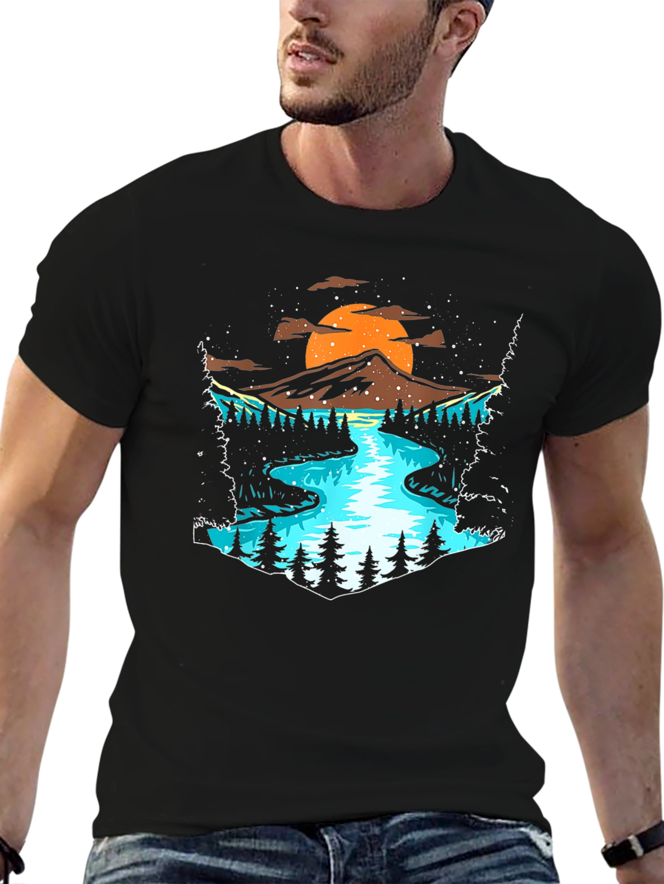 Nature Graphic Tee - Mountain River Scene