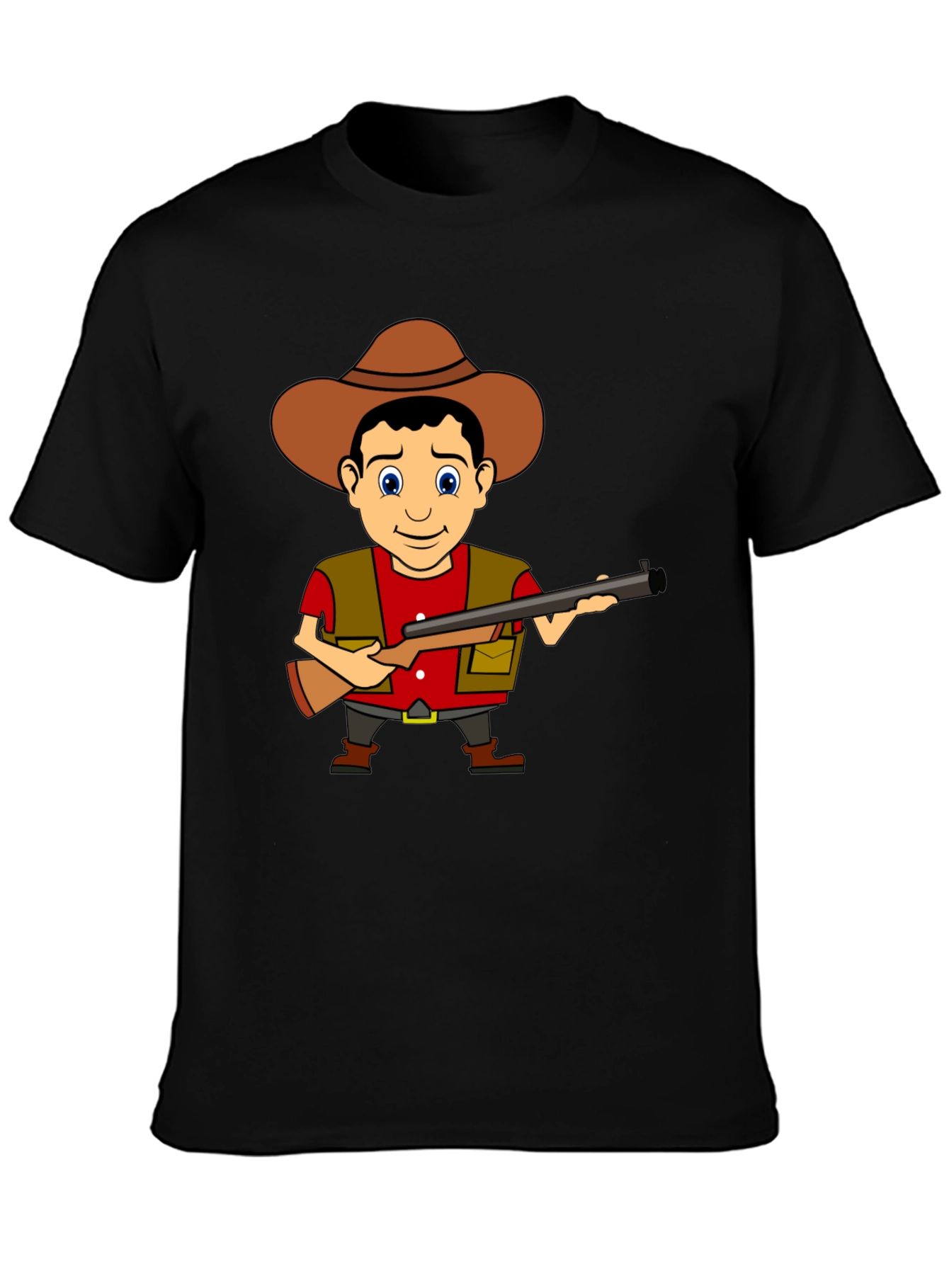 Cartoon Hunter Graphic Tee - Black Cotton T-Shirt