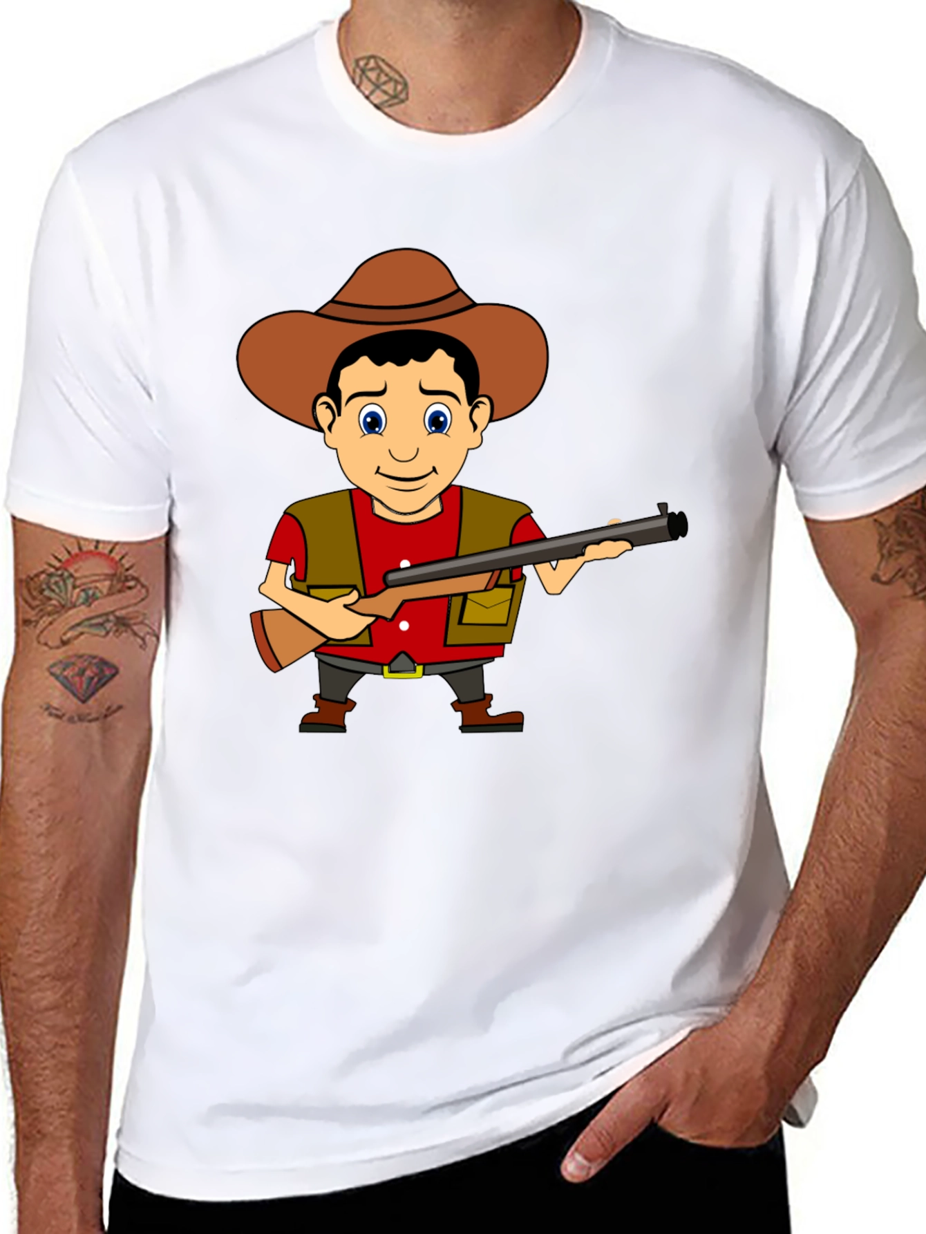 Cartoon Hunter Graphic Tee - Black Cotton T-Shirt