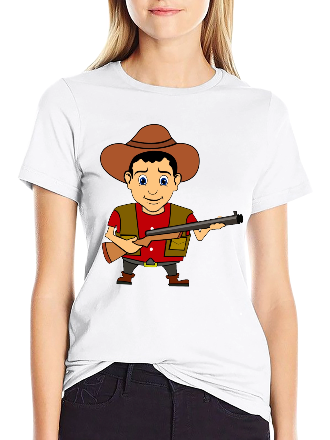 Cartoon Hunter Graphic Tee - Black Cotton T-Shirt