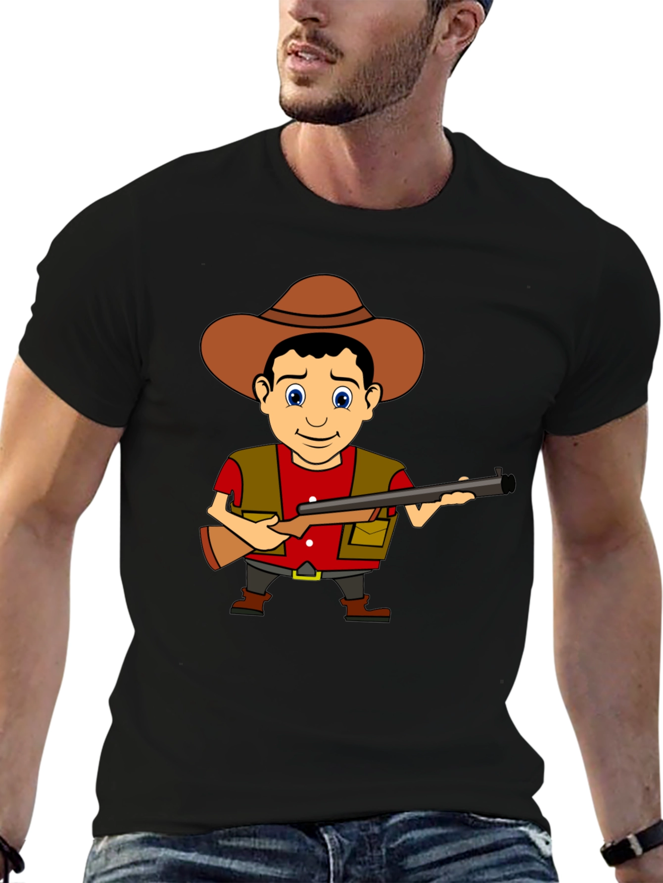Cartoon Hunter Graphic Tee - Black Cotton T-Shirt