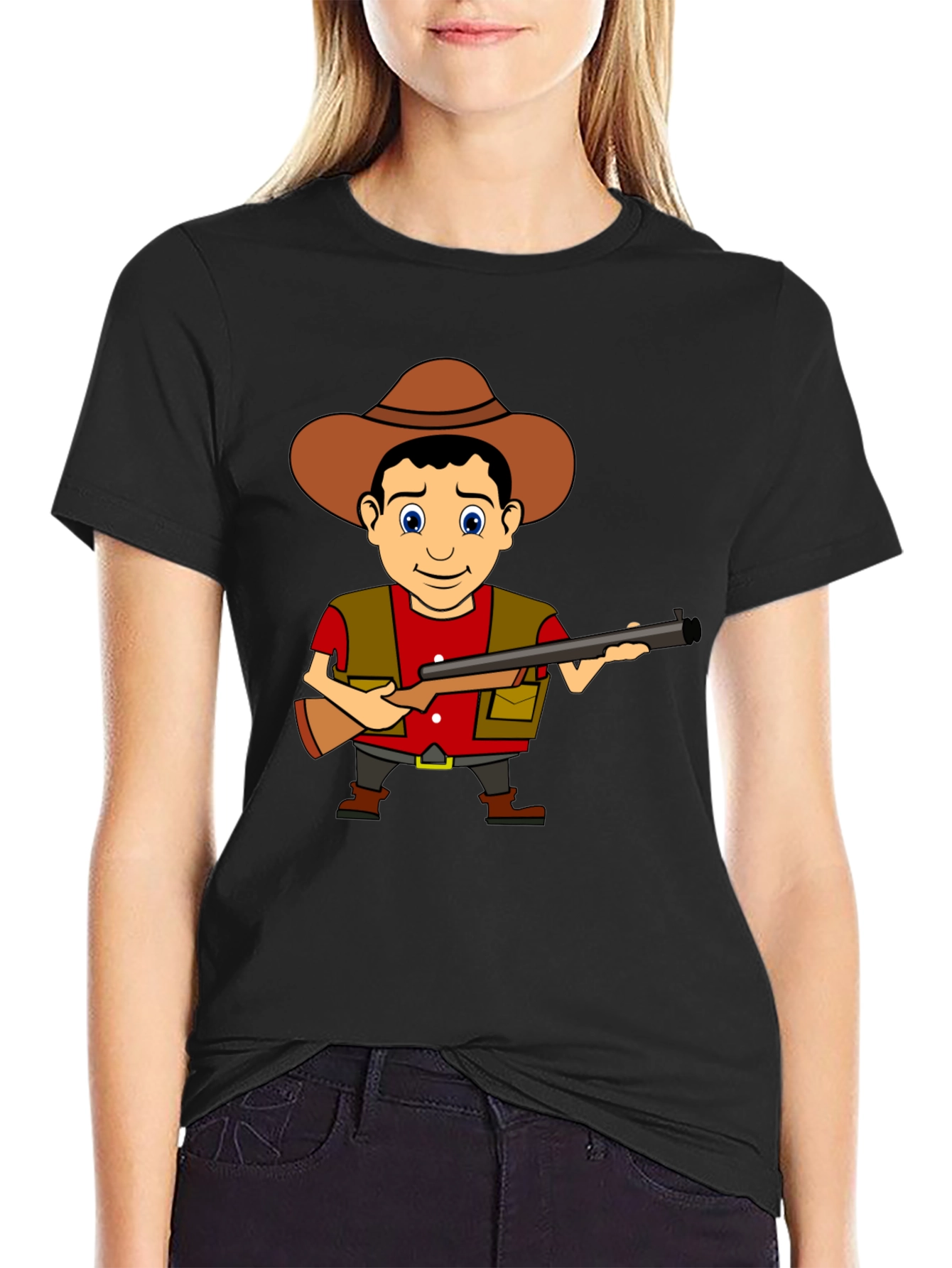 Cartoon Hunter Graphic Tee - Black Cotton T-Shirt