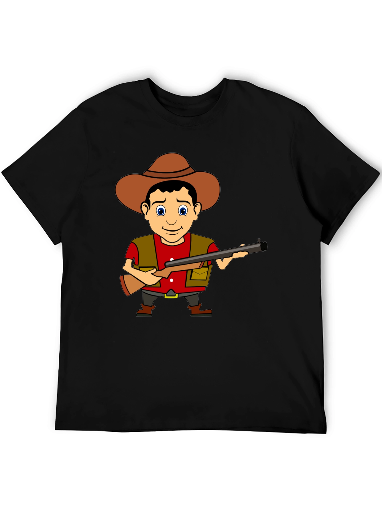 Cartoon Hunter Graphic Tee - Black Cotton T-Shirt