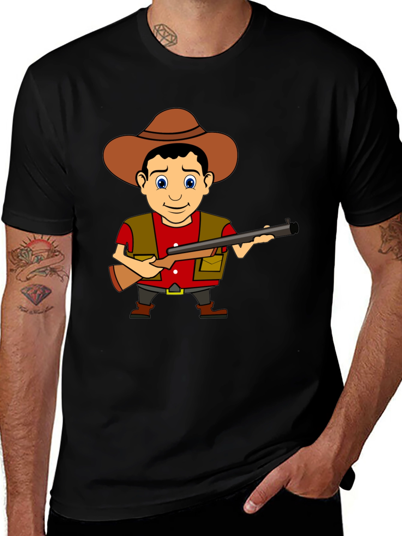 Cartoon Hunter Graphic Tee - Black Cotton T-Shirt