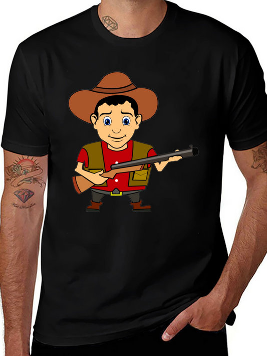 Cartoon Hunter Graphic Tee - Black Cotton T-Shirt