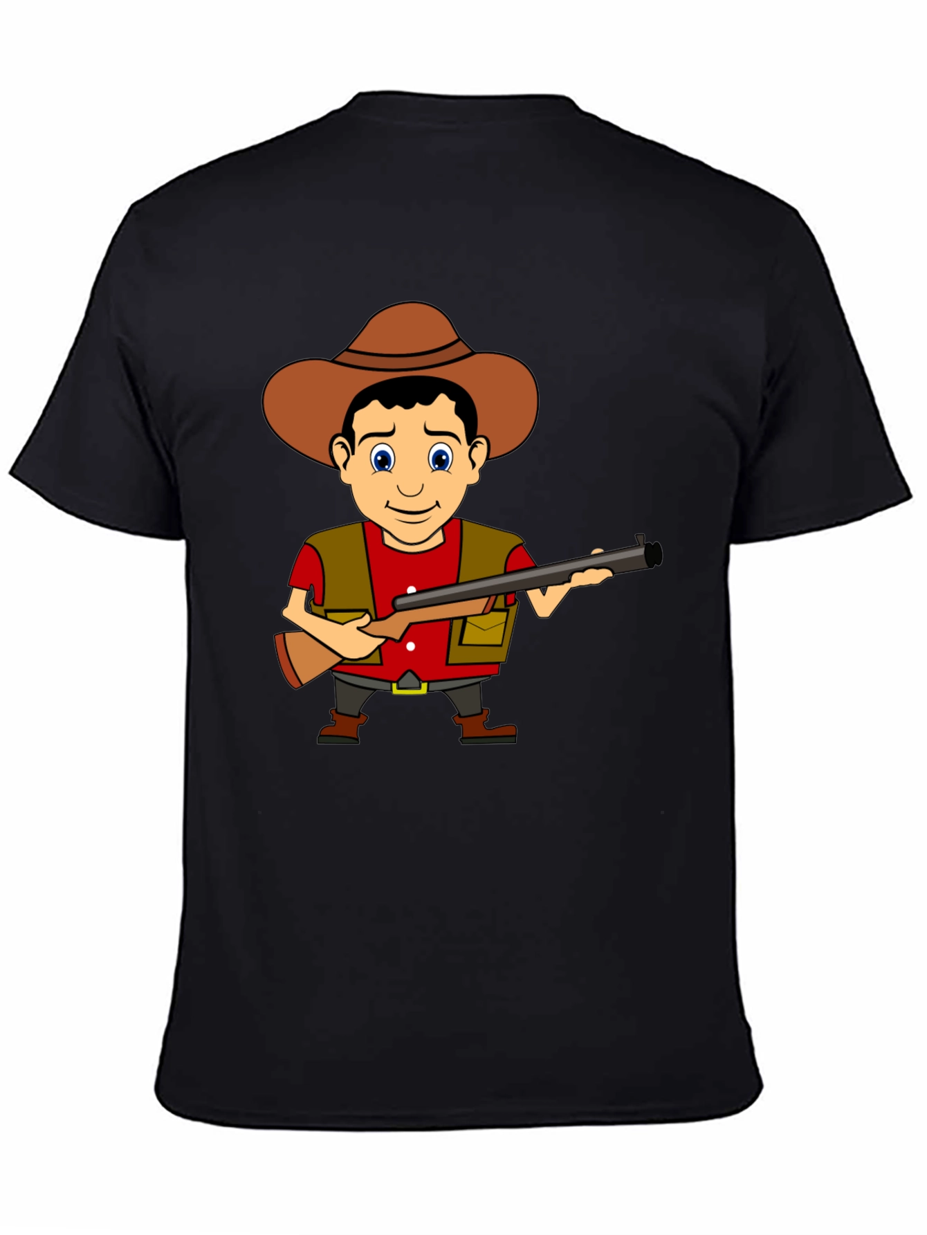 Cartoon Hunter Graphic Tee - Black Cotton T-Shirt