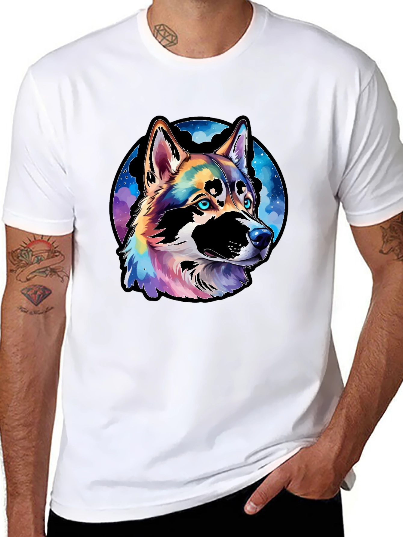 Vibrant Husky Dog Graphic Black T-Shirt