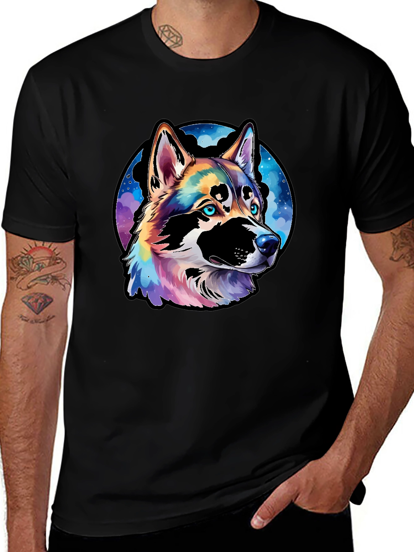 Vibrant Husky Dog Graphic Black T-Shirt
