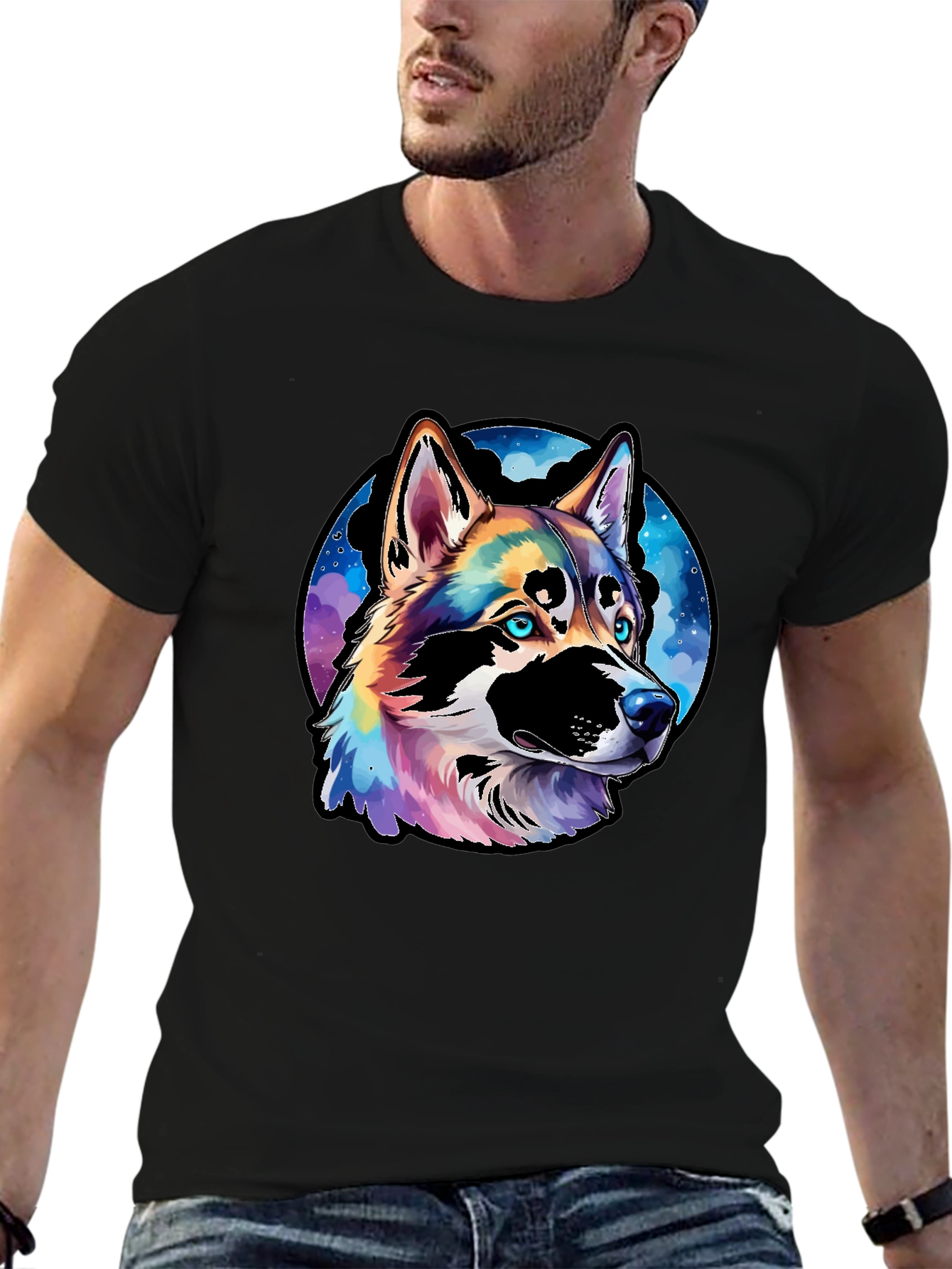 Vibrant Husky Dog Graphic Black T-Shirt