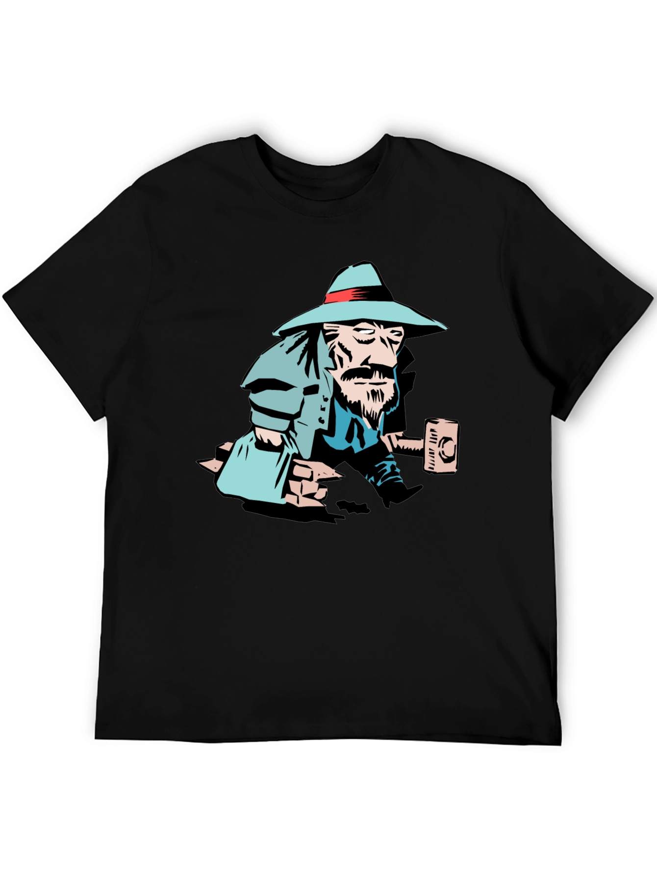 Black T-Shirt with Cartoon Carpenter Graphic