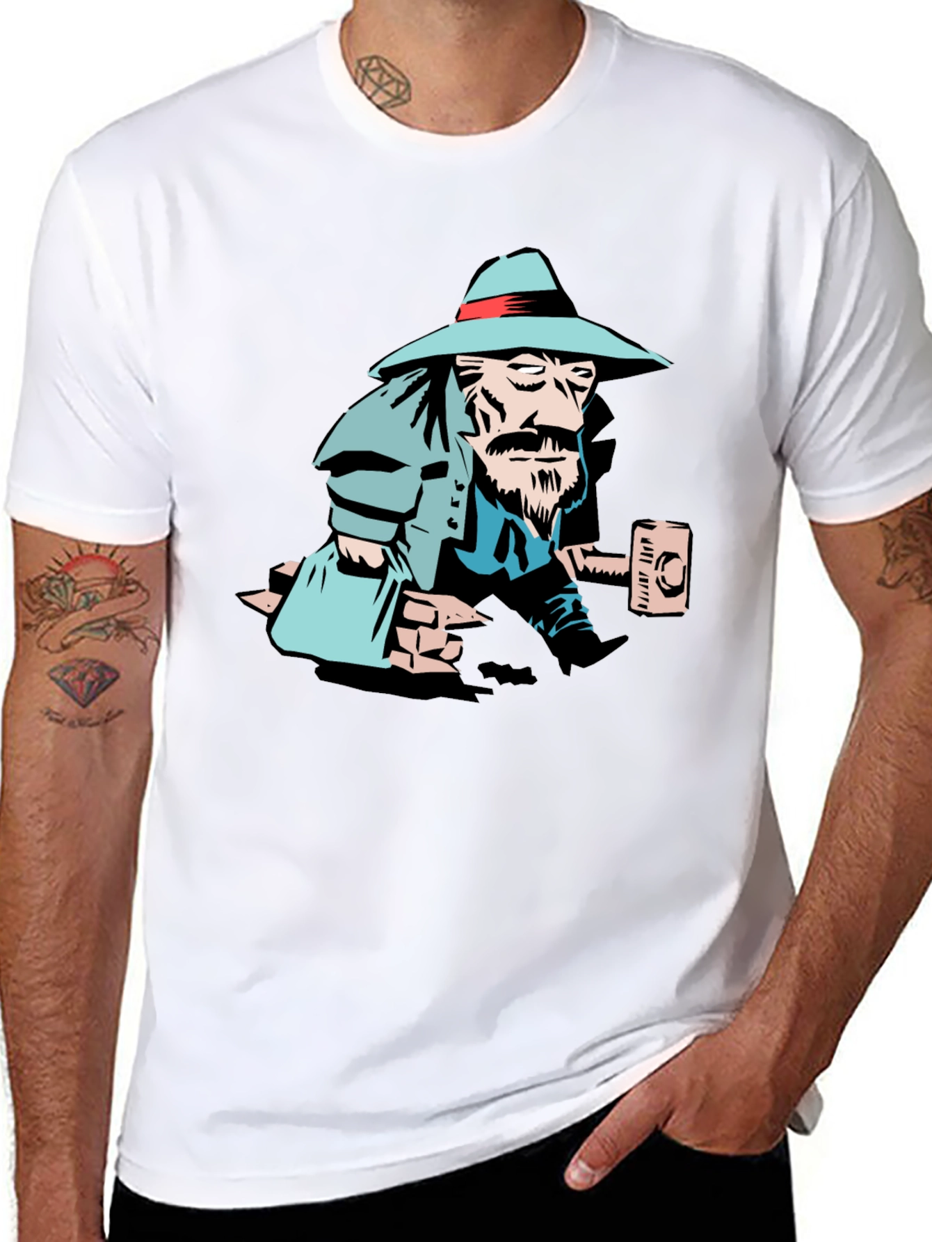 Black T-Shirt with Cartoon Carpenter Graphic
