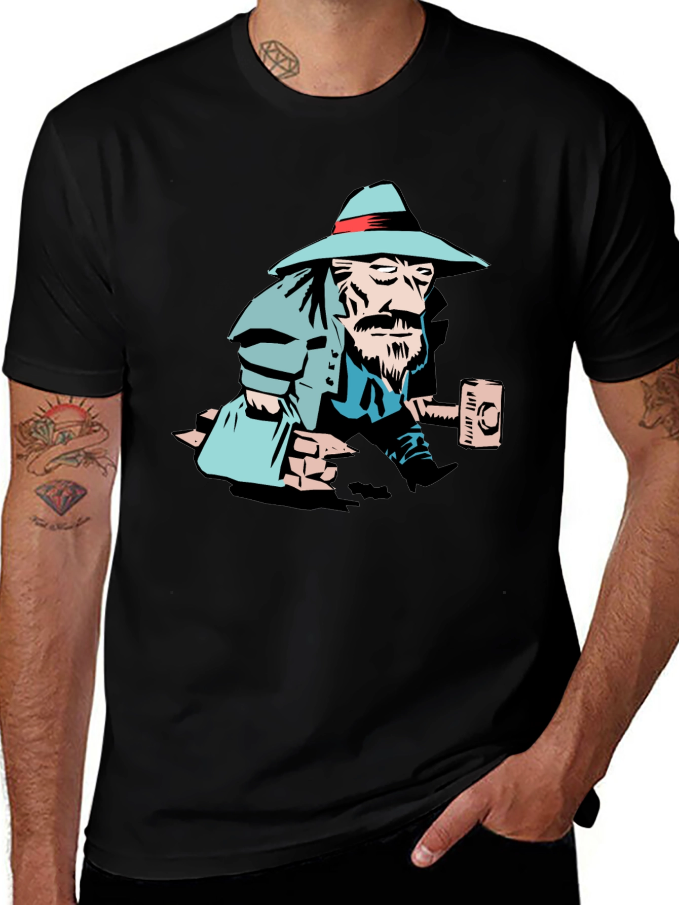 Black T-Shirt with Cartoon Carpenter Graphic