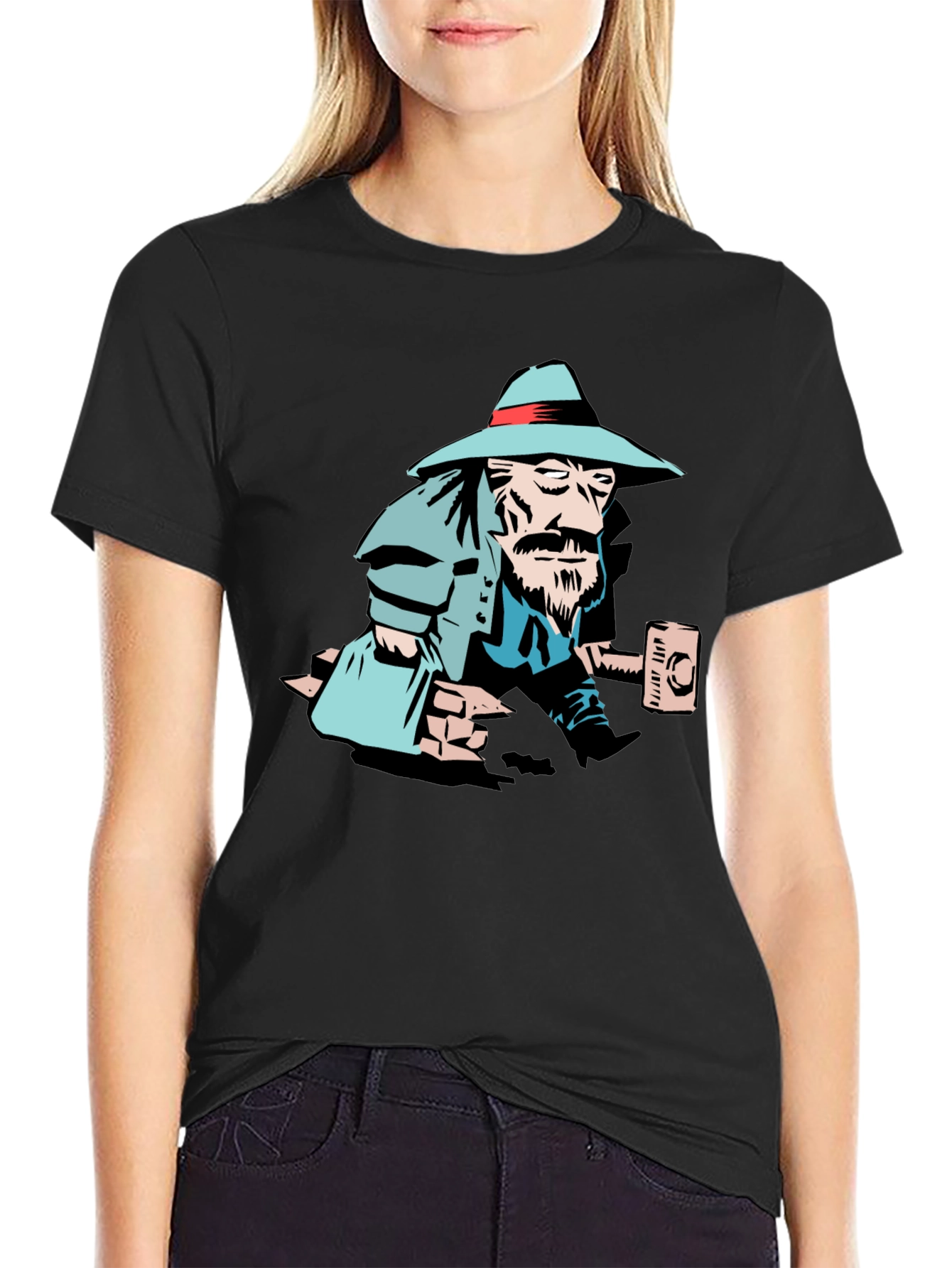 Black T-Shirt with Cartoon Carpenter Graphic