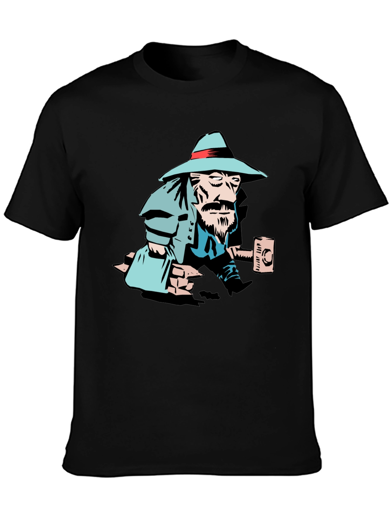 Black T-Shirt with Cartoon Carpenter Graphic