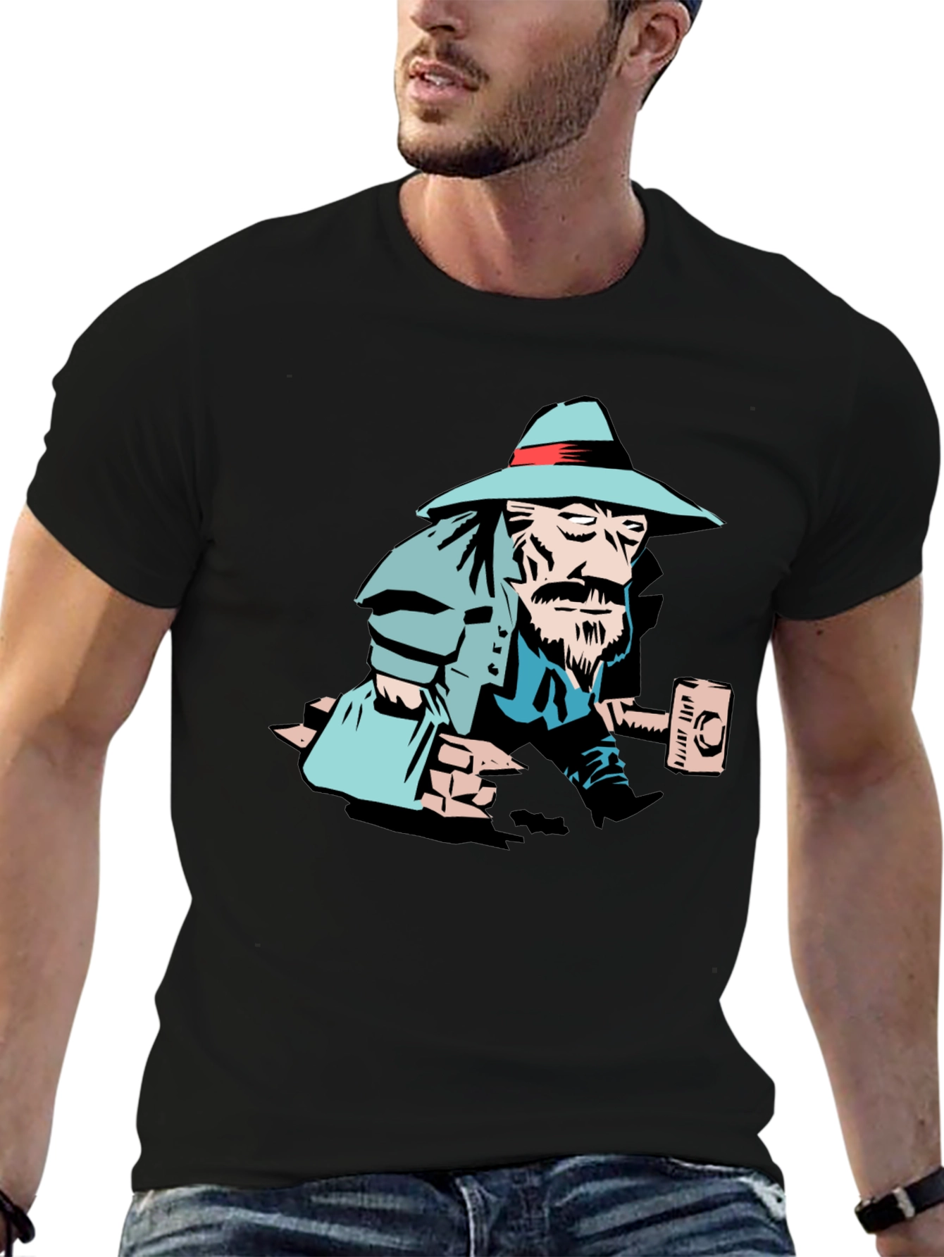 Black T-Shirt with Cartoon Carpenter Graphic