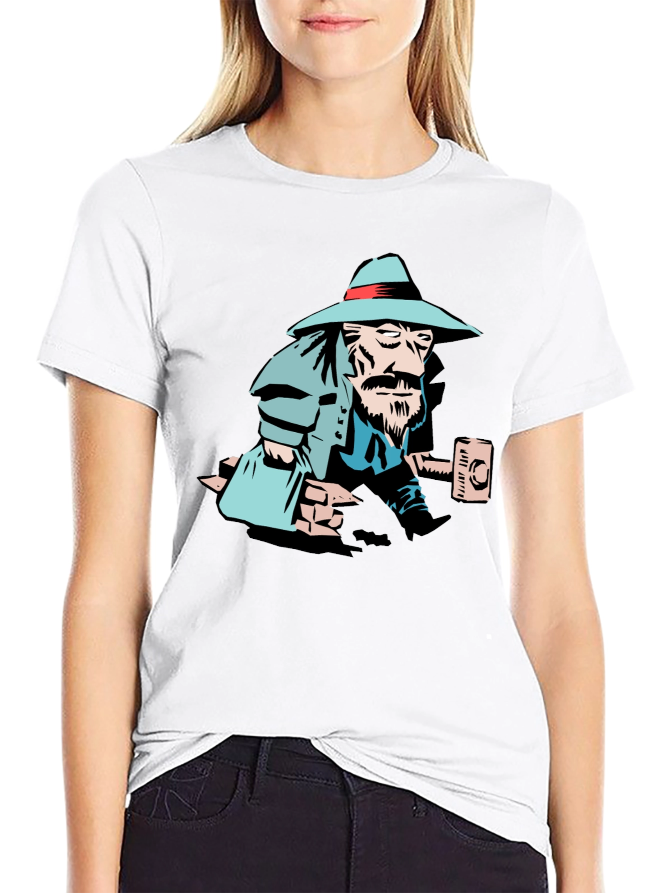 Black T-Shirt with Cartoon Carpenter Graphic