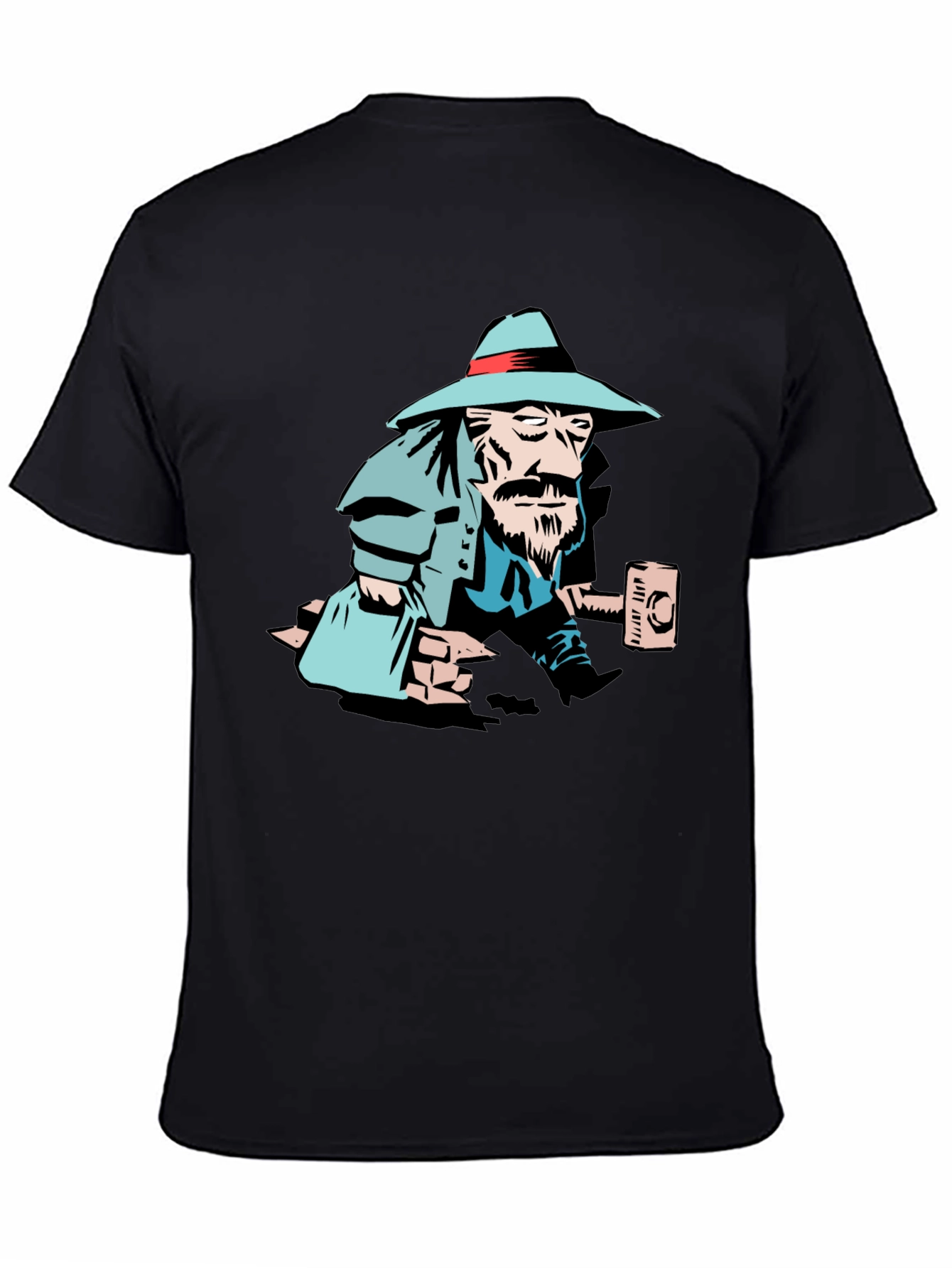 Black T-Shirt with Cartoon Carpenter Graphic