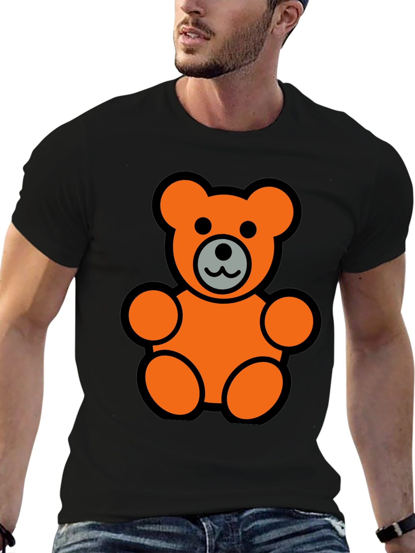 Orange Teddy Bear Graphic Black T-Shirt