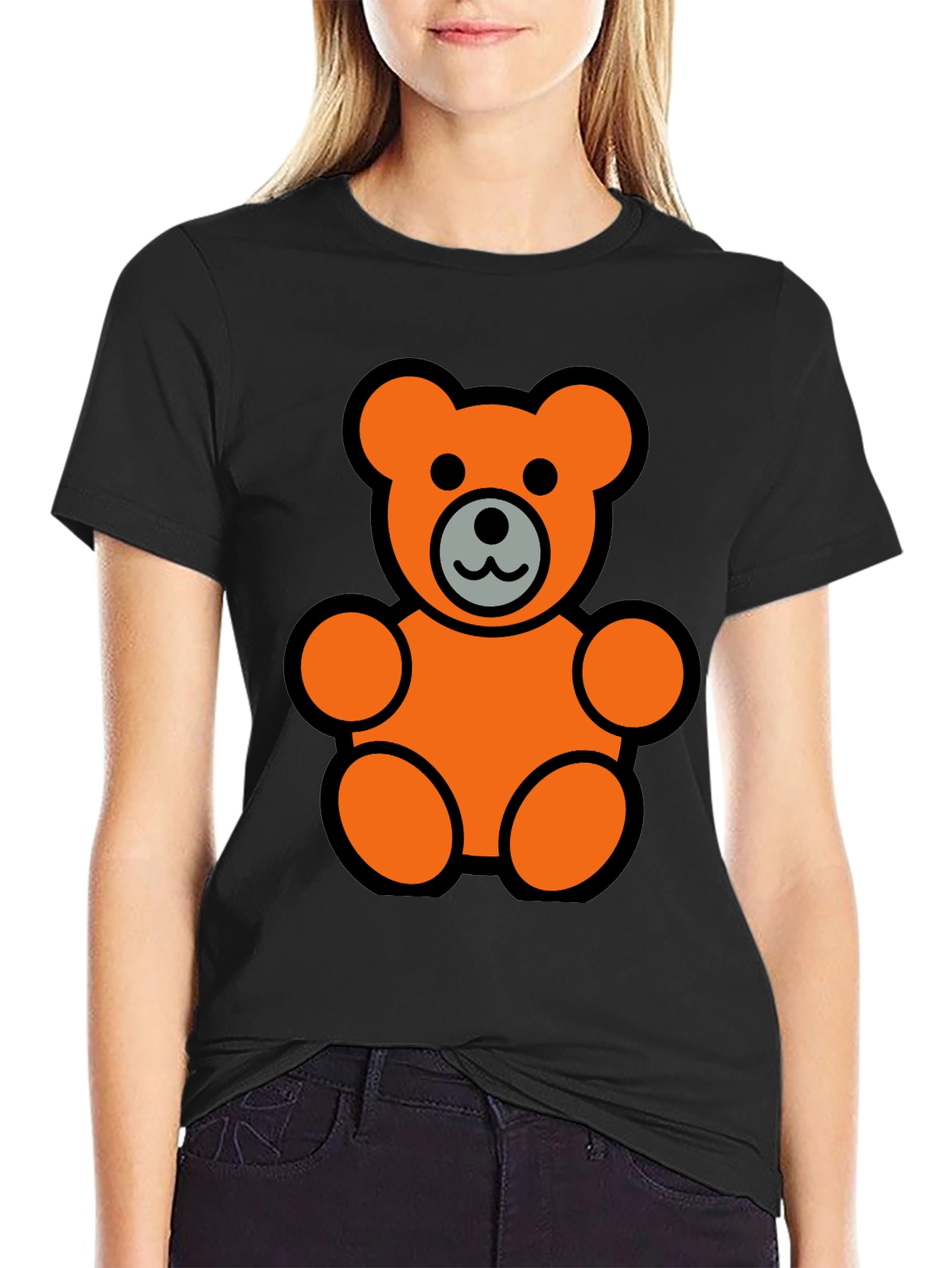 Orange Teddy Bear Graphic Black T-Shirt