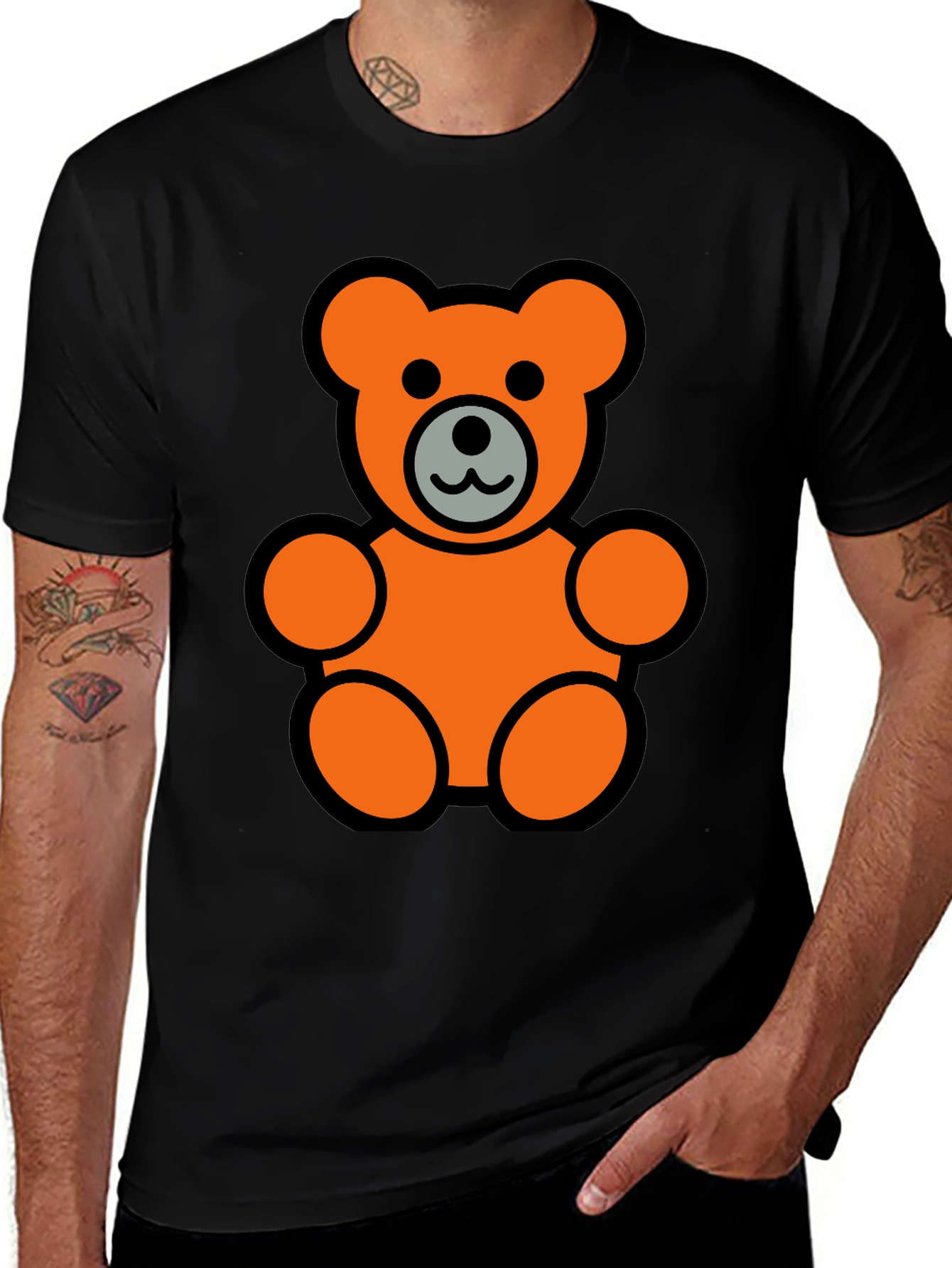 Orange Teddy Bear Graphic Black T-Shirt