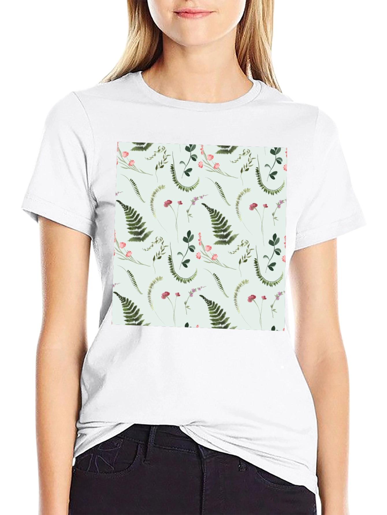 Botanical Fern Print Black T-Shirt