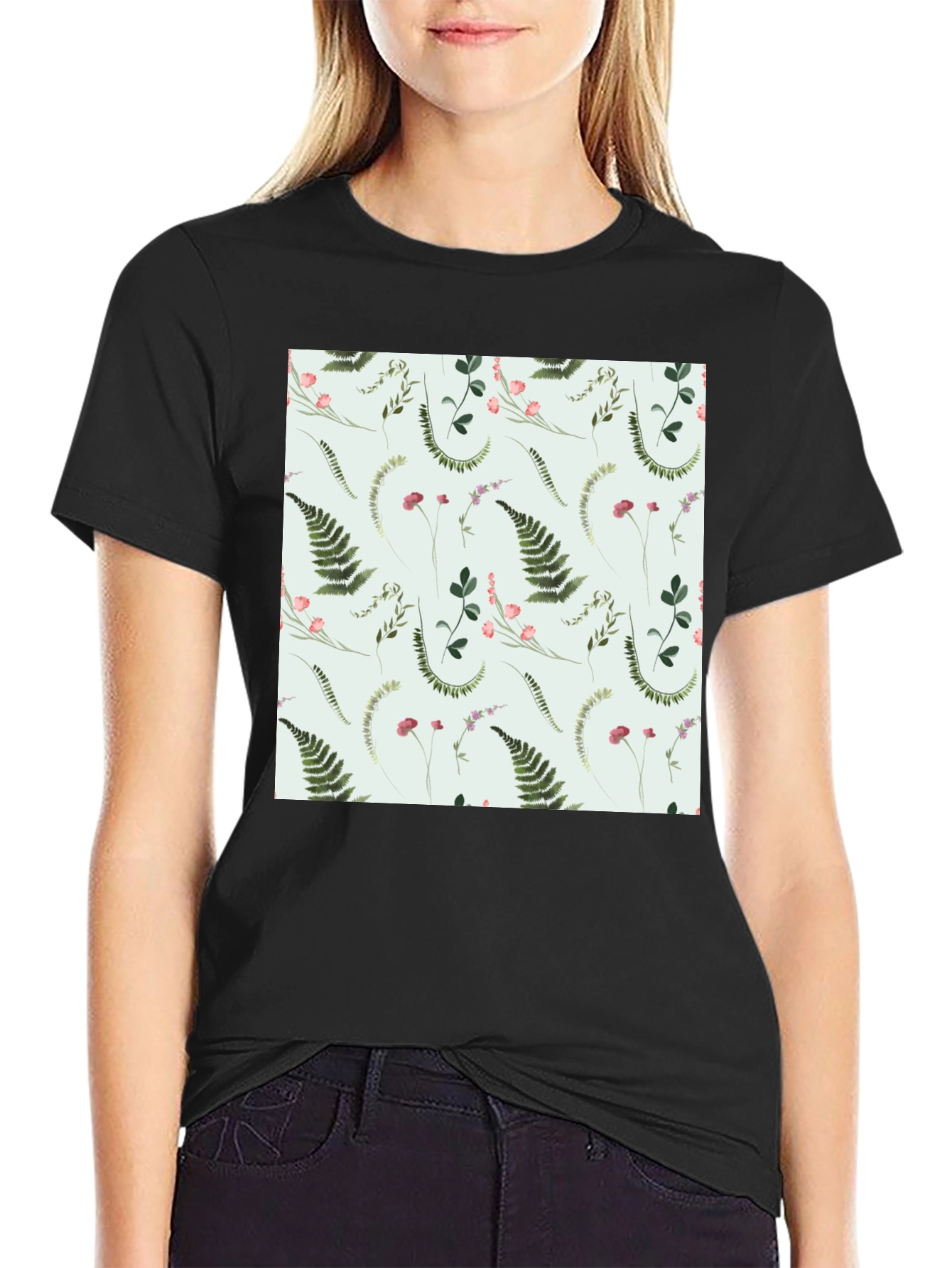 Botanical Fern Print Black T-Shirt