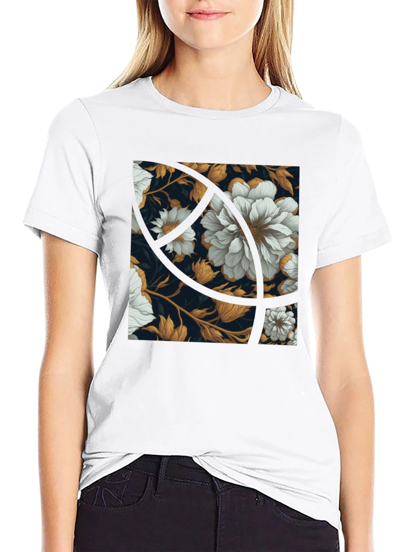 Floral Graphic Print Black Crew Neck Tee