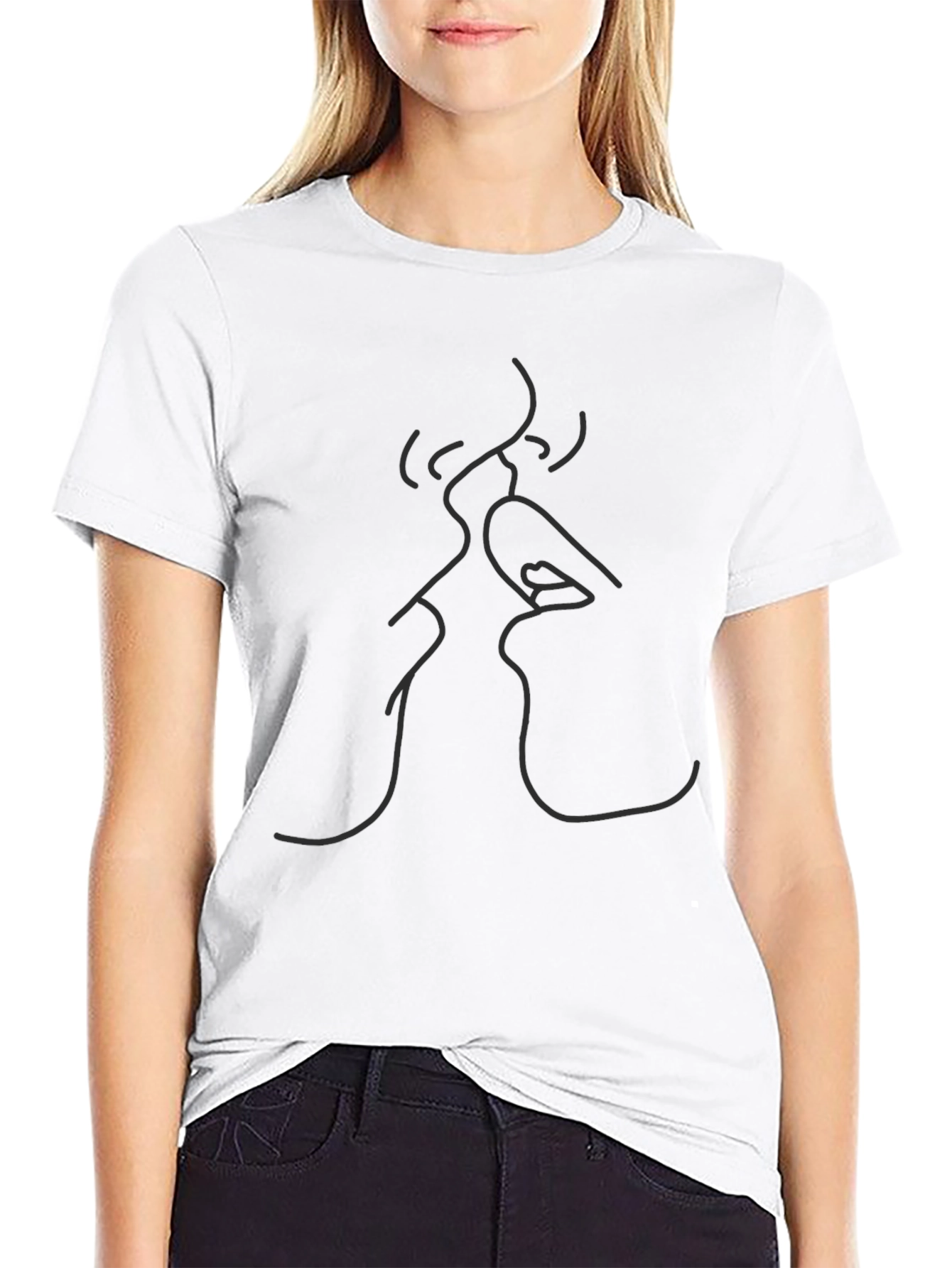 Minimalist Kiss Line Art Black T-Shirt