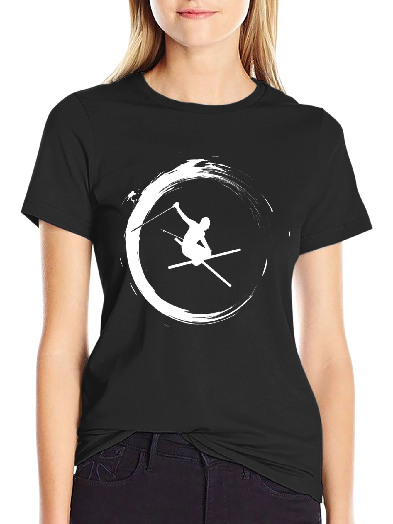 Stylish Skier Graphic T-Shirt - Black