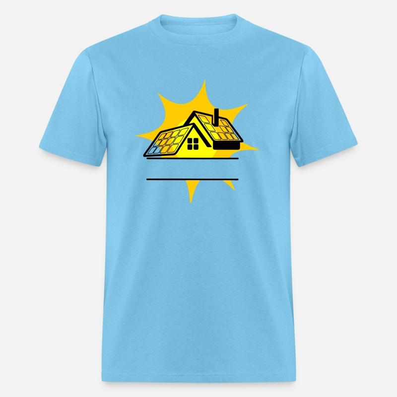 House full of solar panels and big sun behind