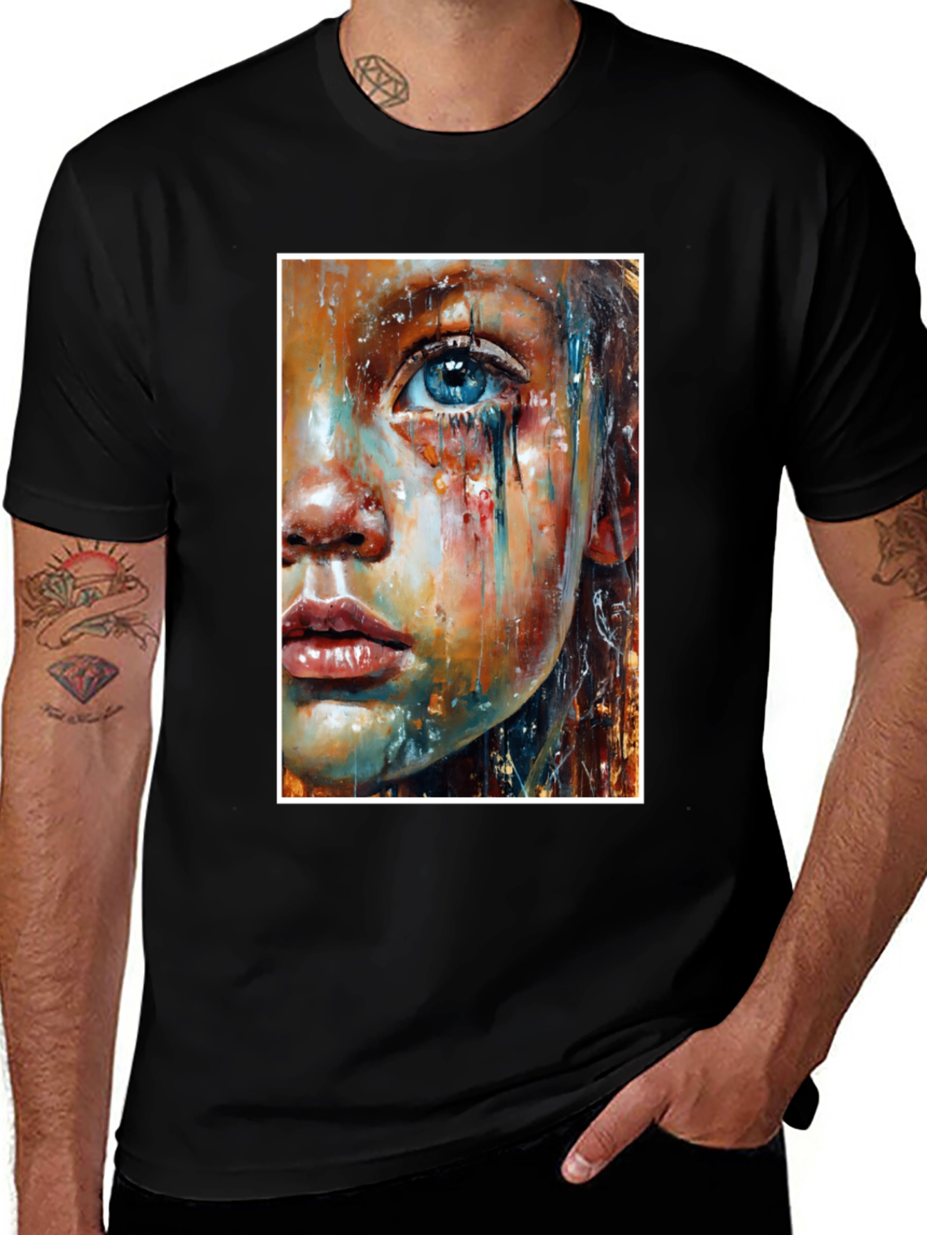 Artistic Crying Woman Portrait Black T-Shirt