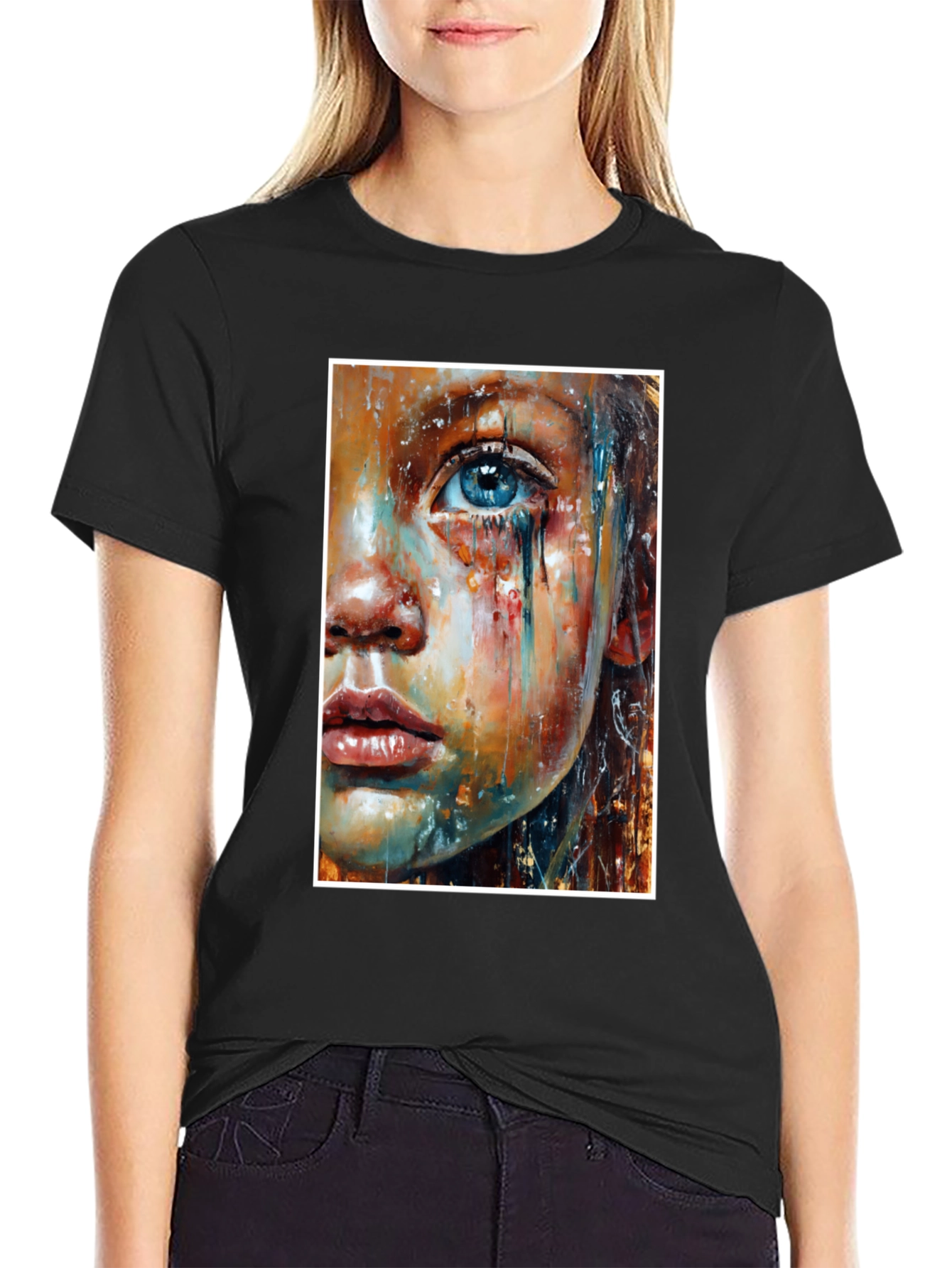 Artistic Crying Woman Portrait Black T-Shirt