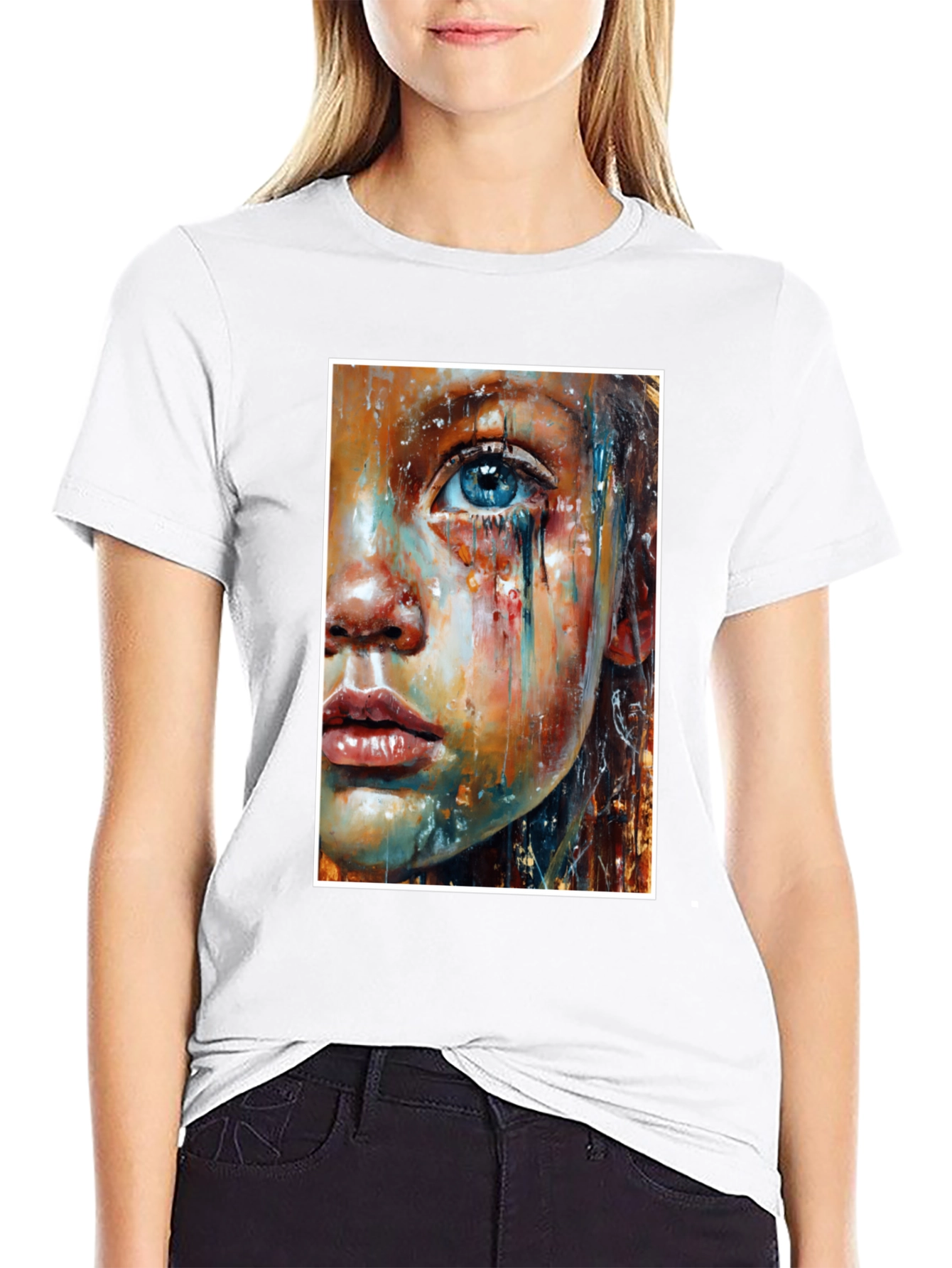 Artistic Crying Woman Portrait Black T-Shirt
