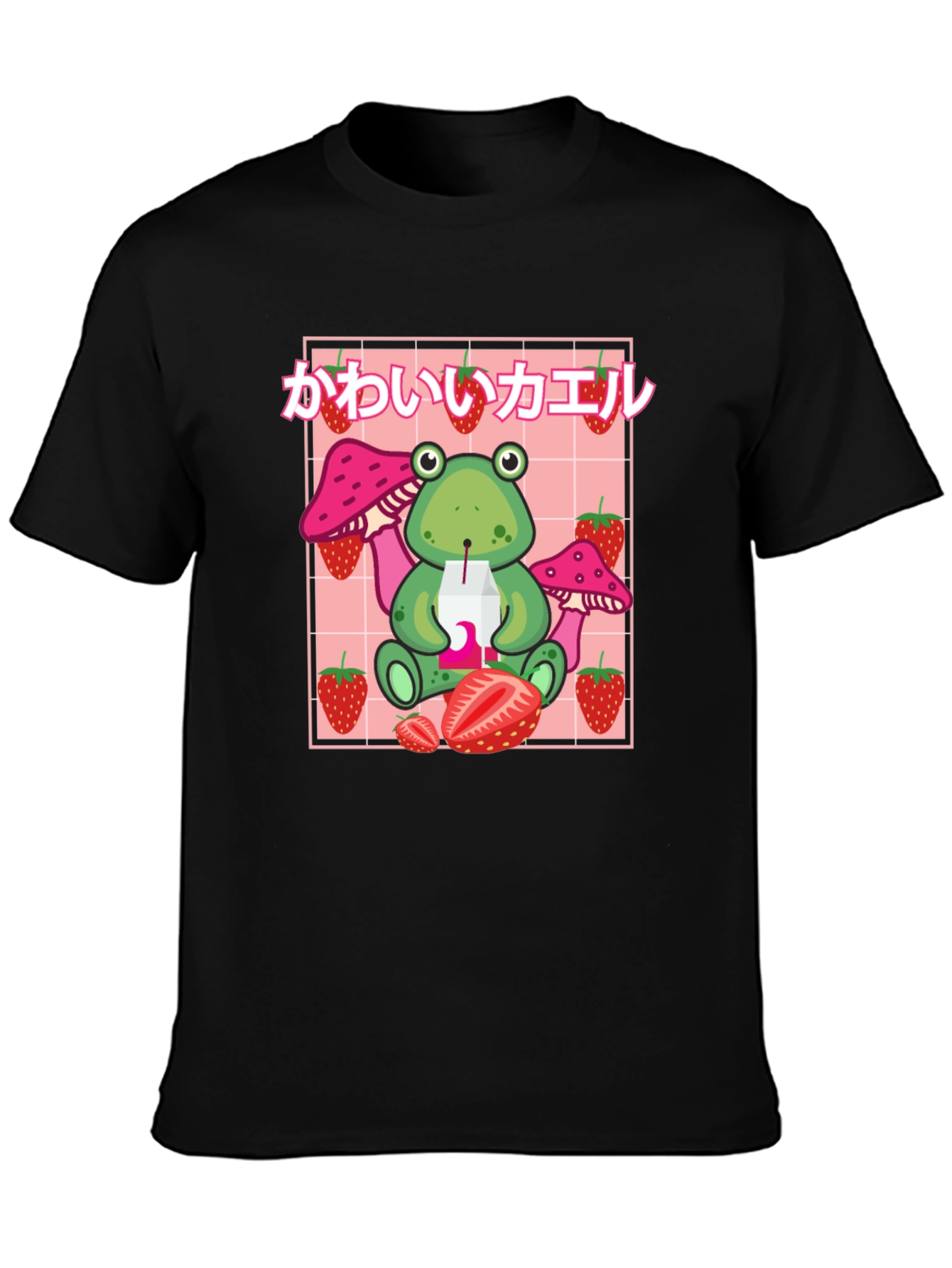 Kawaii Frog Strawberry Black T-Shirt