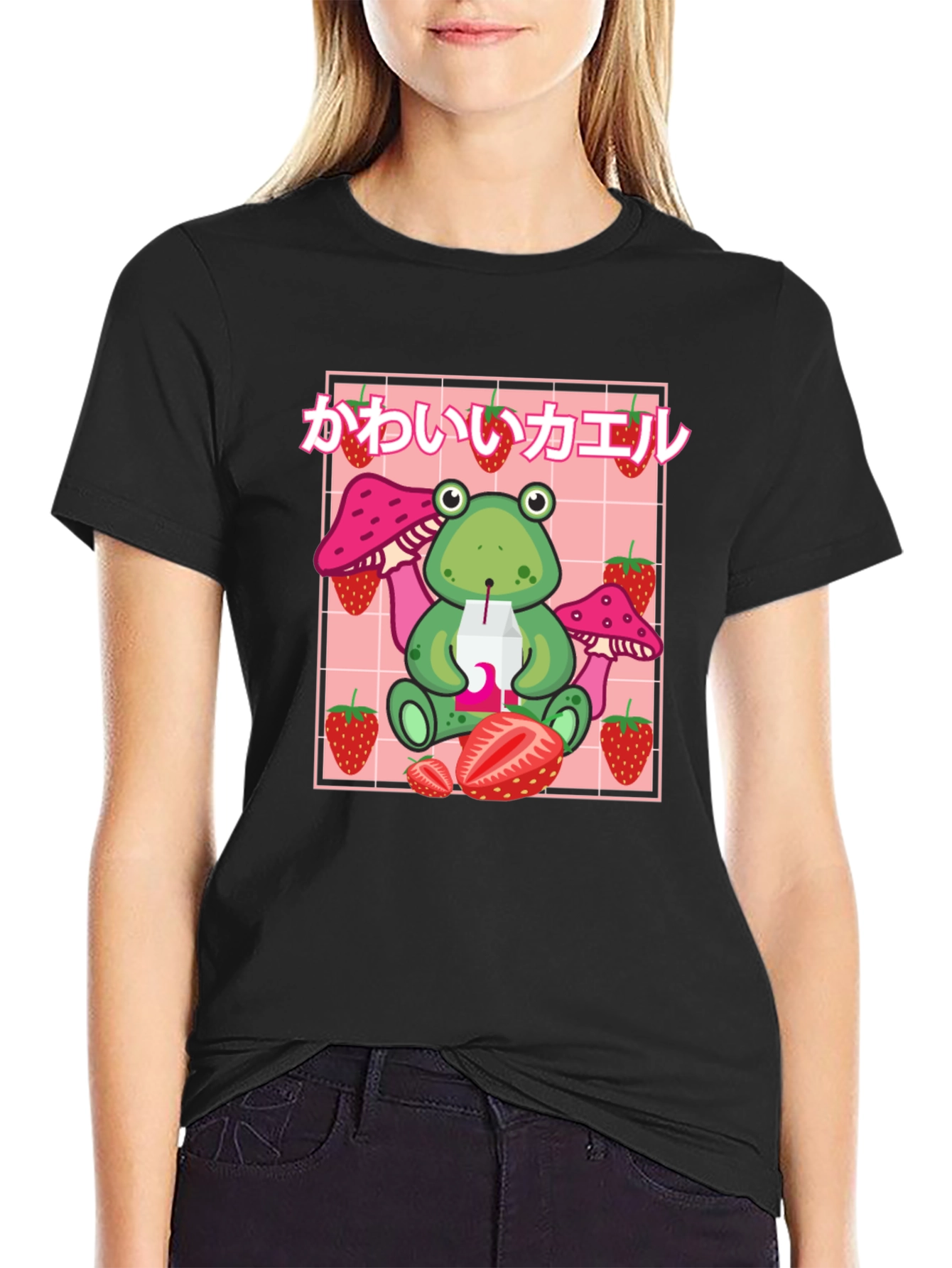Kawaii Frog Strawberry Black T-Shirt