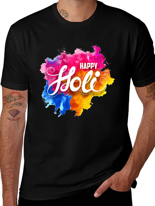 Happy Holi Graphic Tee - Black Crew Neck T-Shirt