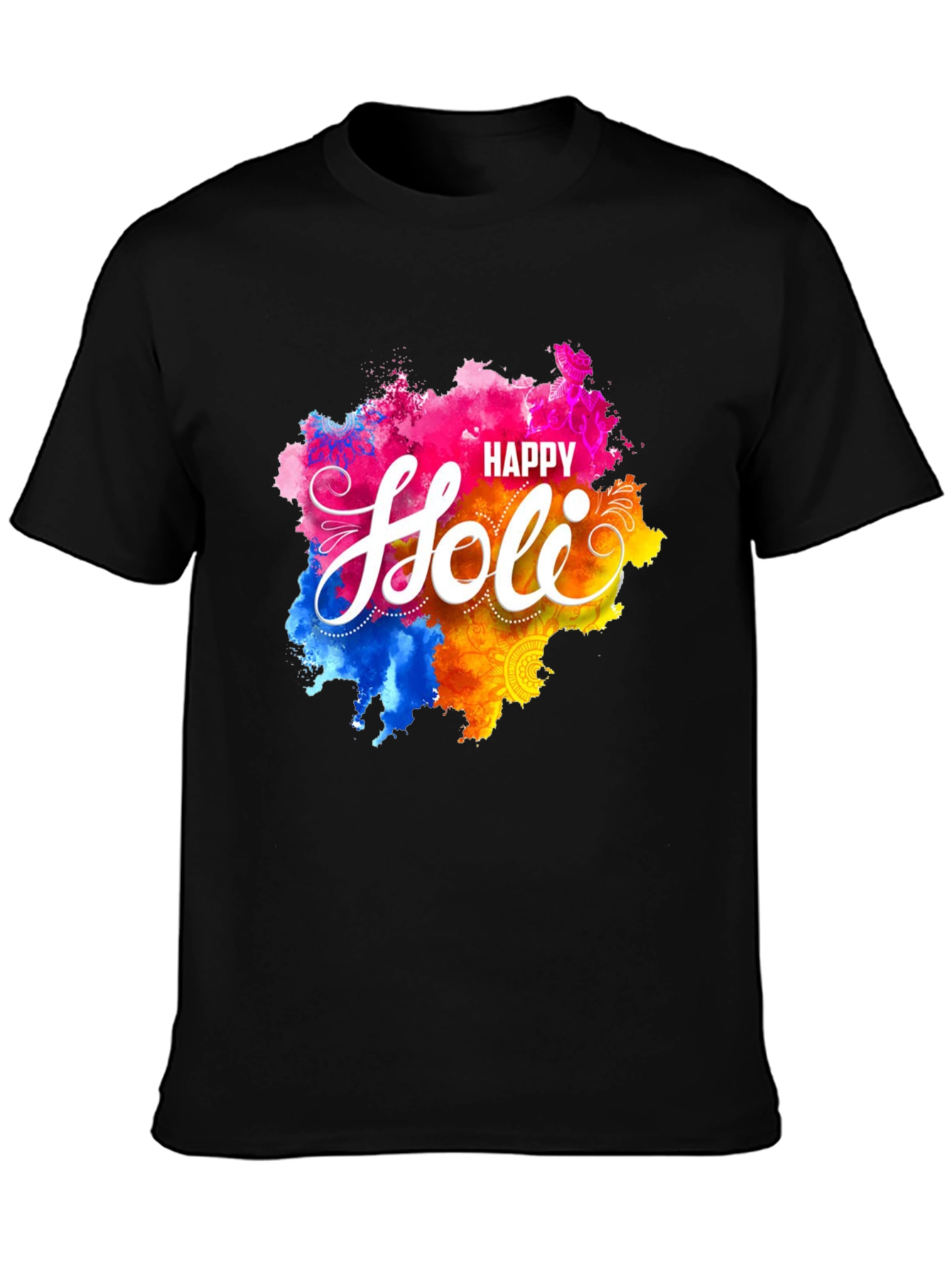 Happy Holi Graphic Tee - Black Crew Neck T-Shirt