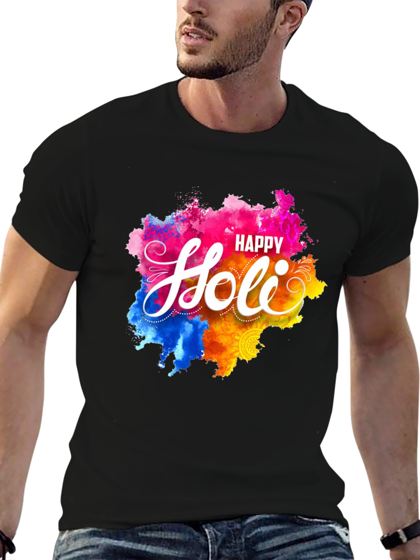 Happy Holi Graphic Tee - Black Crew Neck T-Shirt