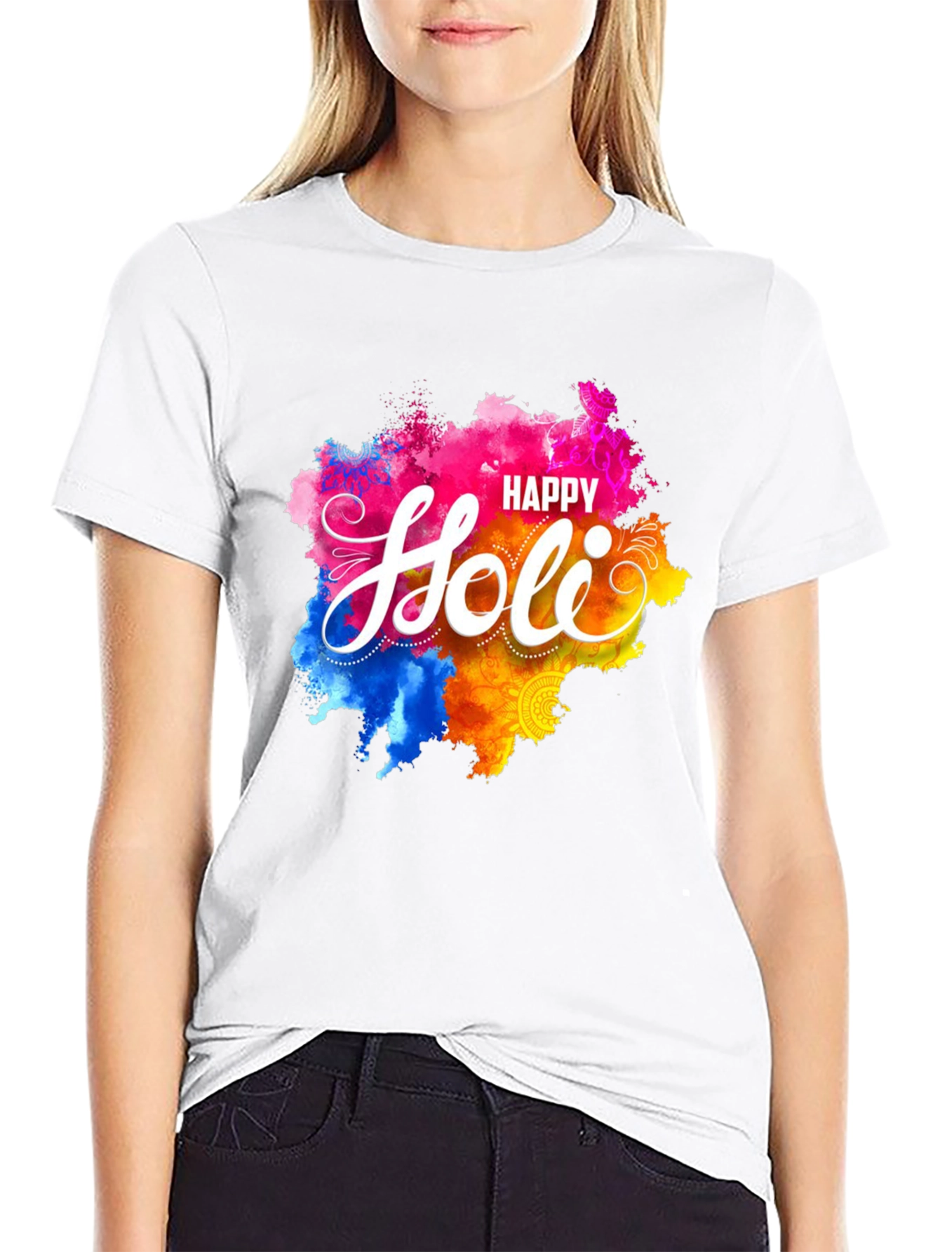 Happy Holi Graphic Tee - Black Crew Neck T-Shirt