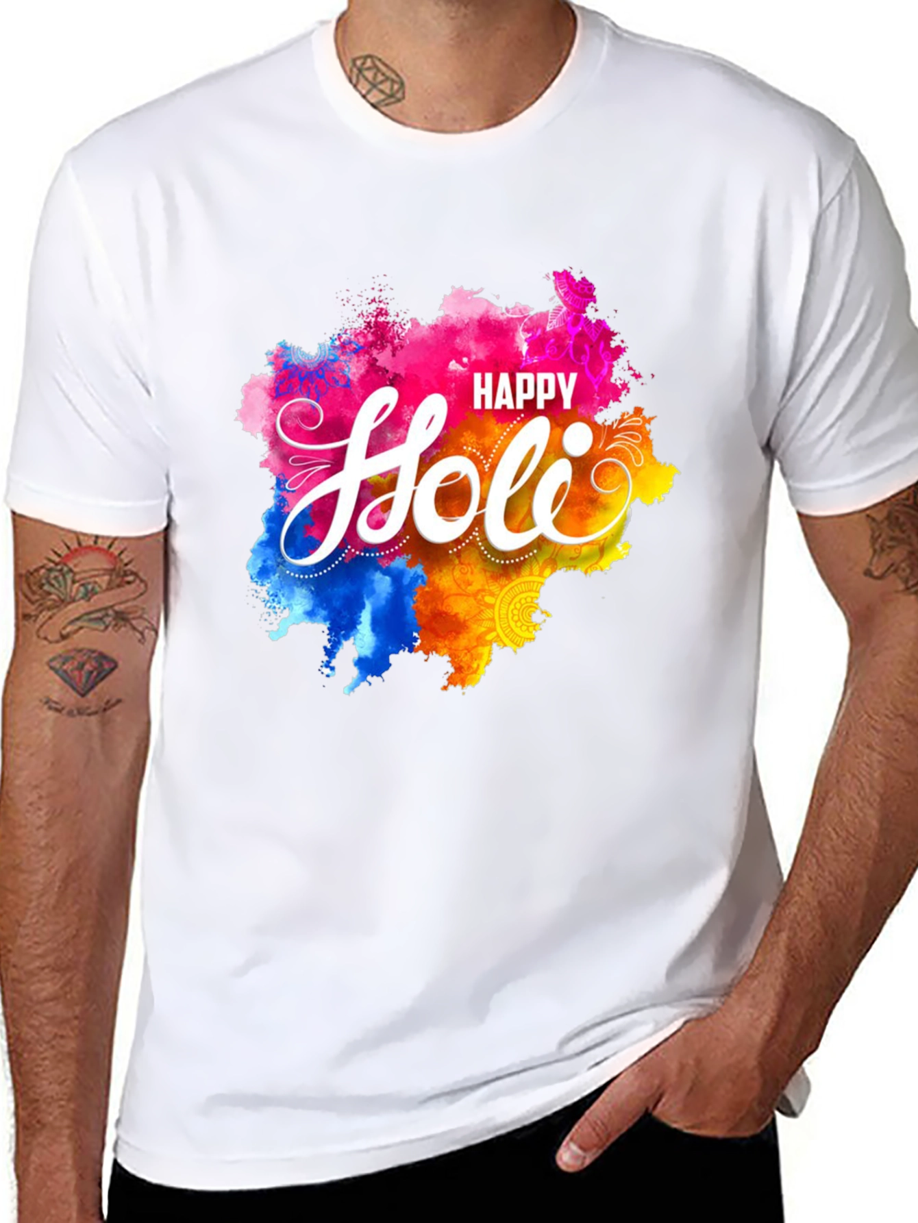 Happy Holi Graphic Tee - Black Crew Neck T-Shirt