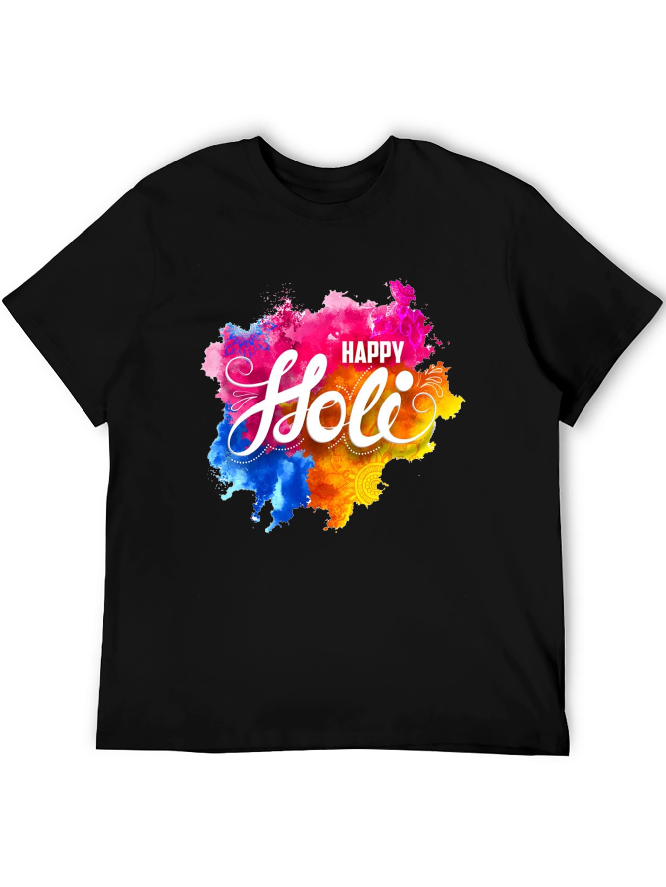 Happy Holi Graphic Tee - Black Crew Neck T-Shirt