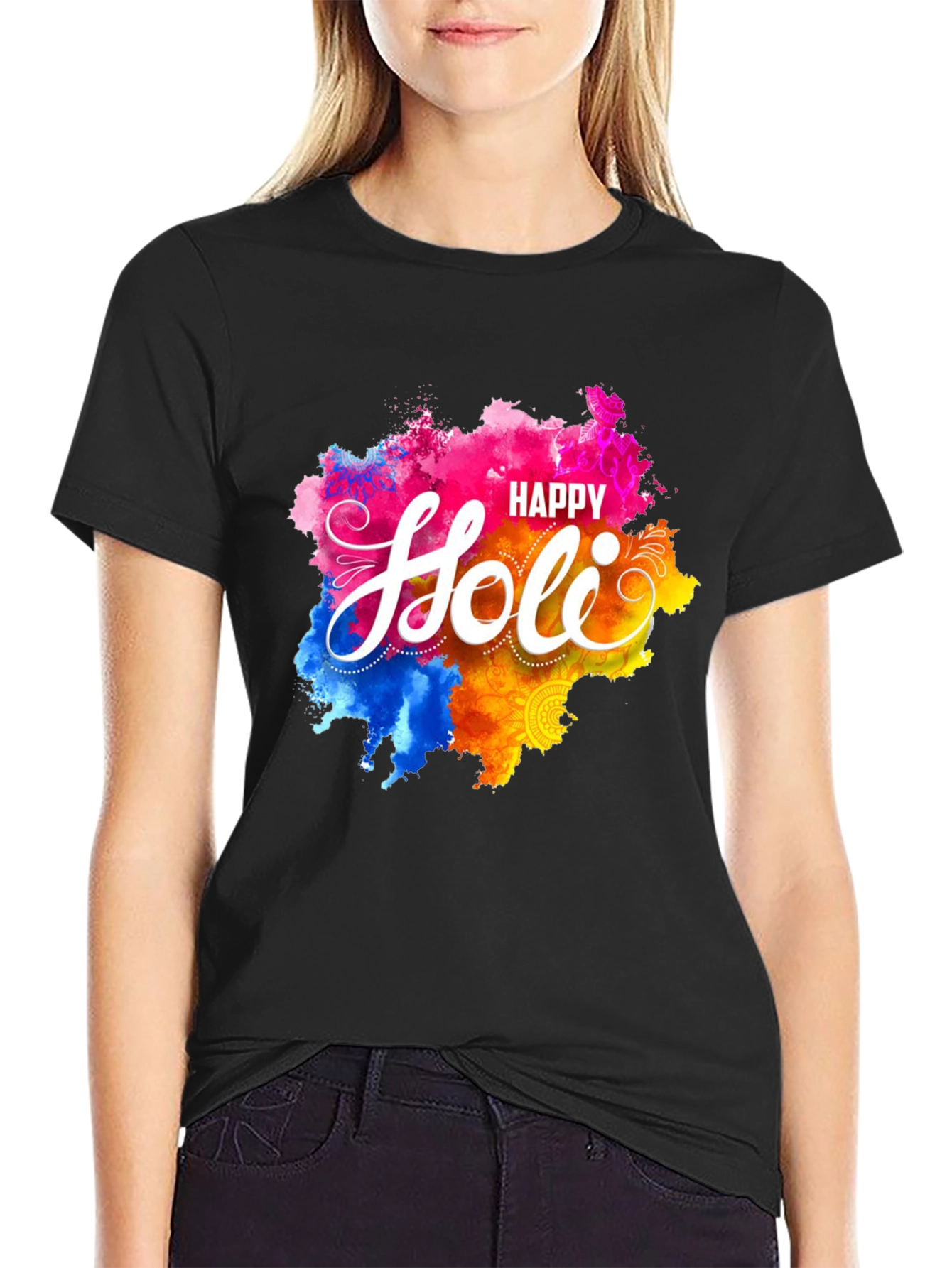 Happy Holi Graphic Tee - Black Crew Neck T-Shirt