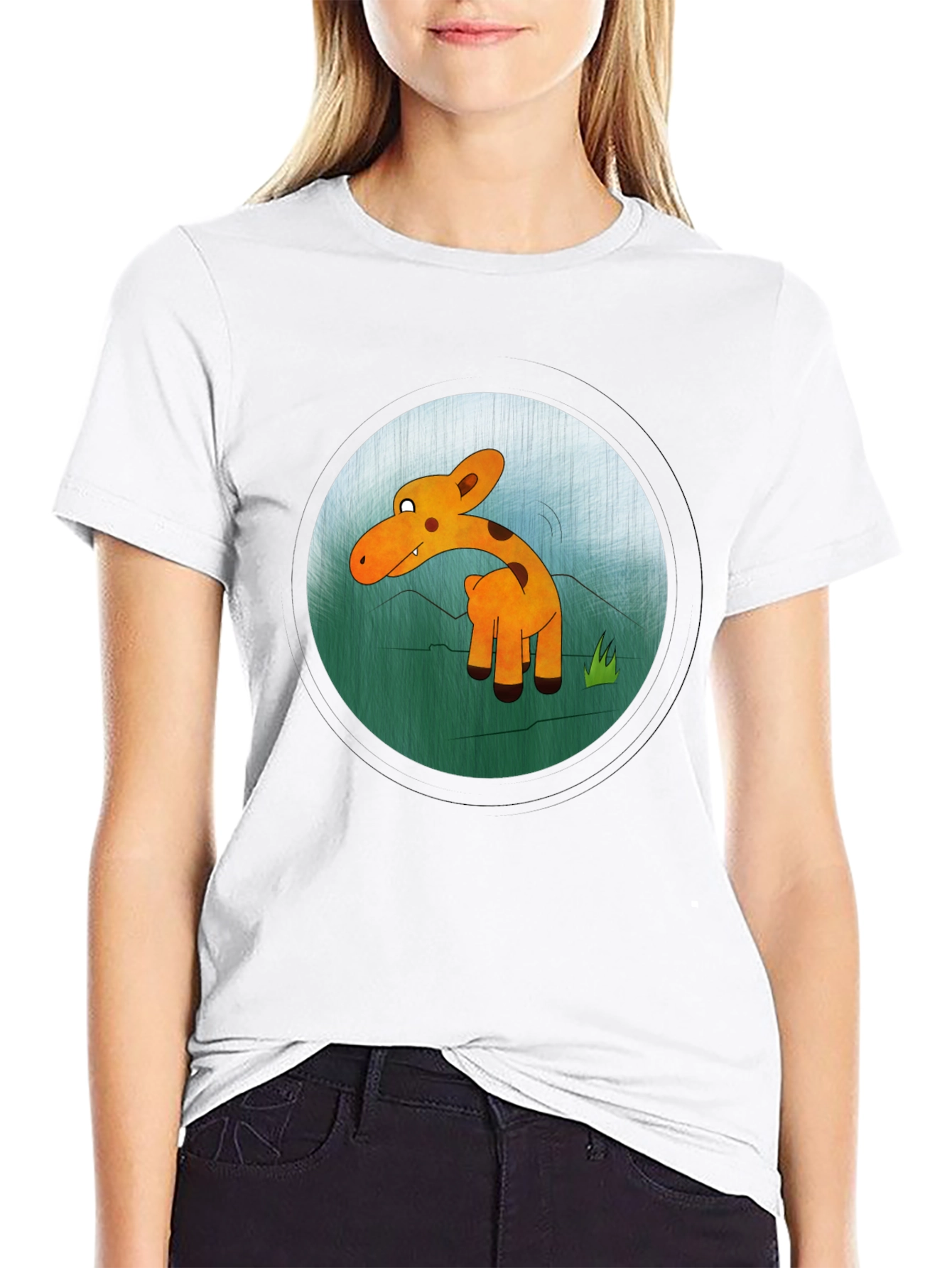 Cartoon Giraffe Graphic Black T-Shirt