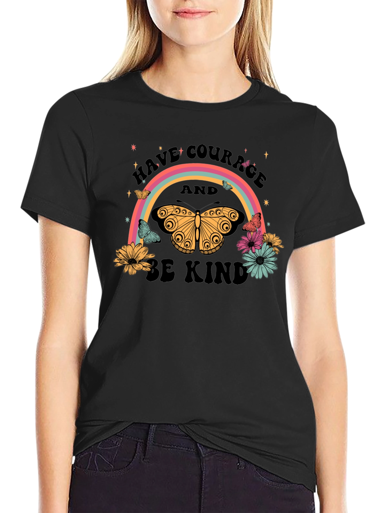 Courage & Kindness Butterfly Rainbow Graphic T-Shirt