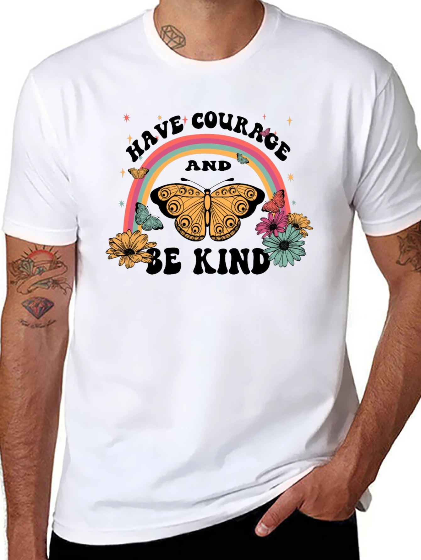 Courage & Kindness Butterfly Rainbow Graphic T-Shirt