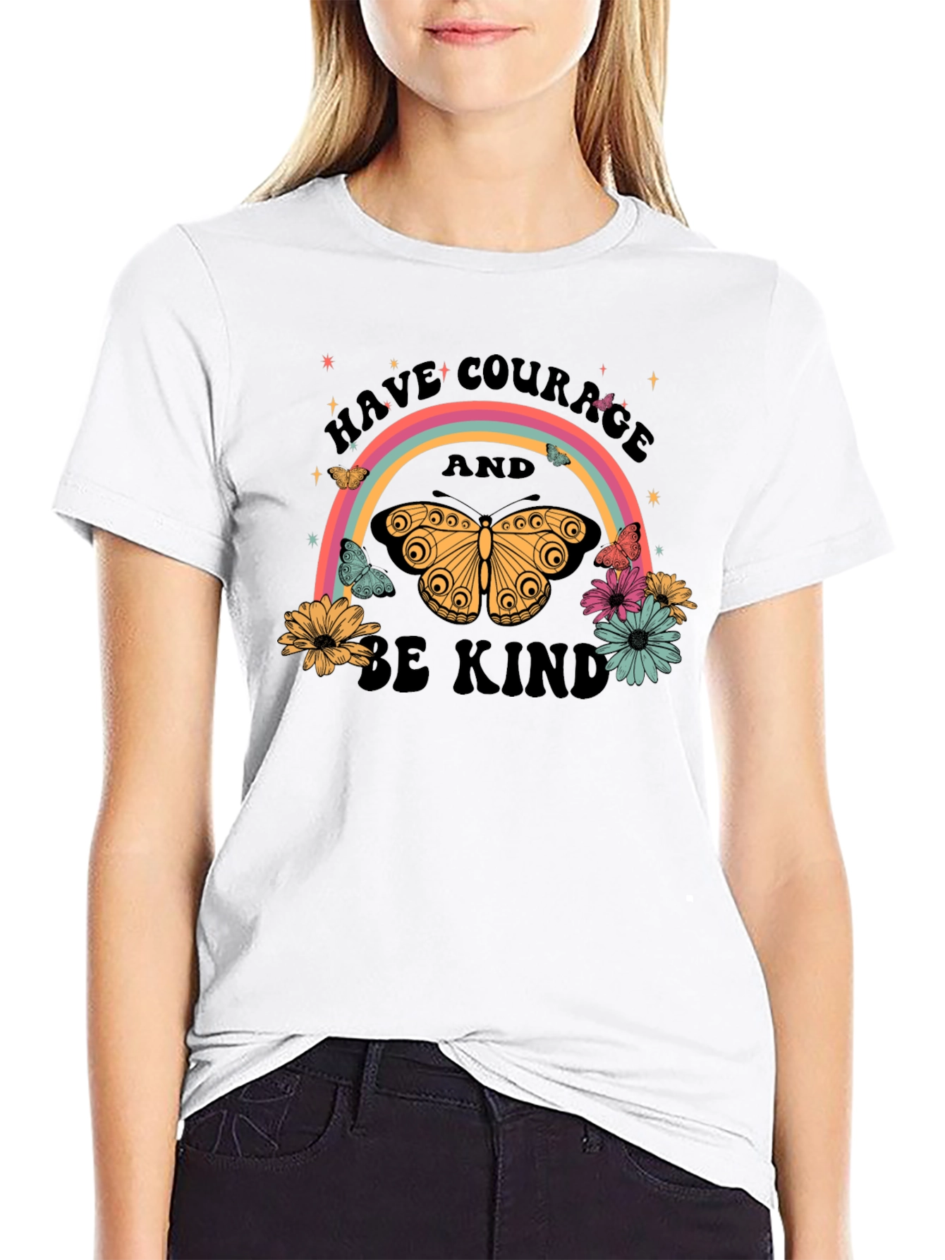 Courage & Kindness Butterfly Rainbow Graphic T-Shirt
