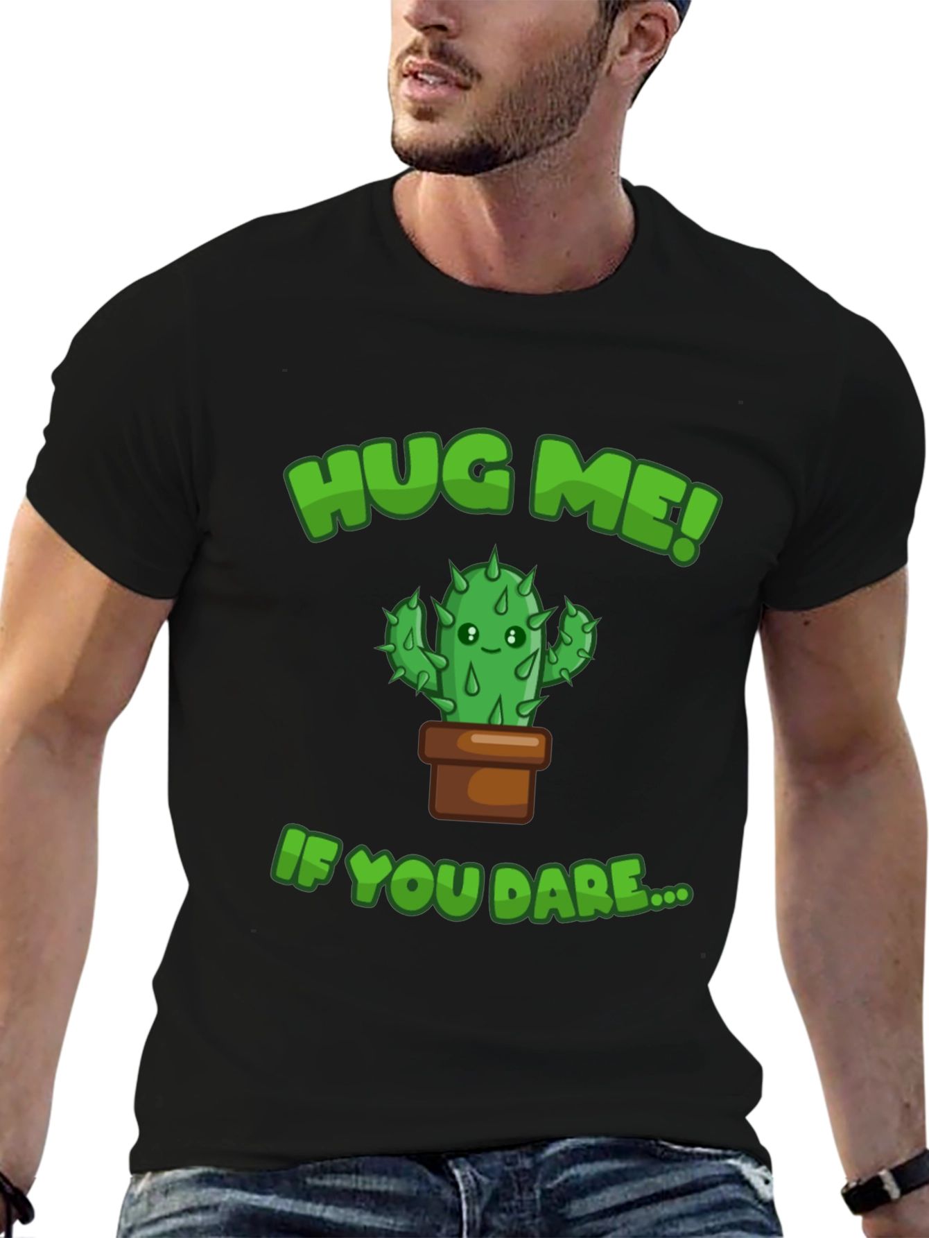Hug Me! Cactus Graphic Tee - Mens Black T-Shirt